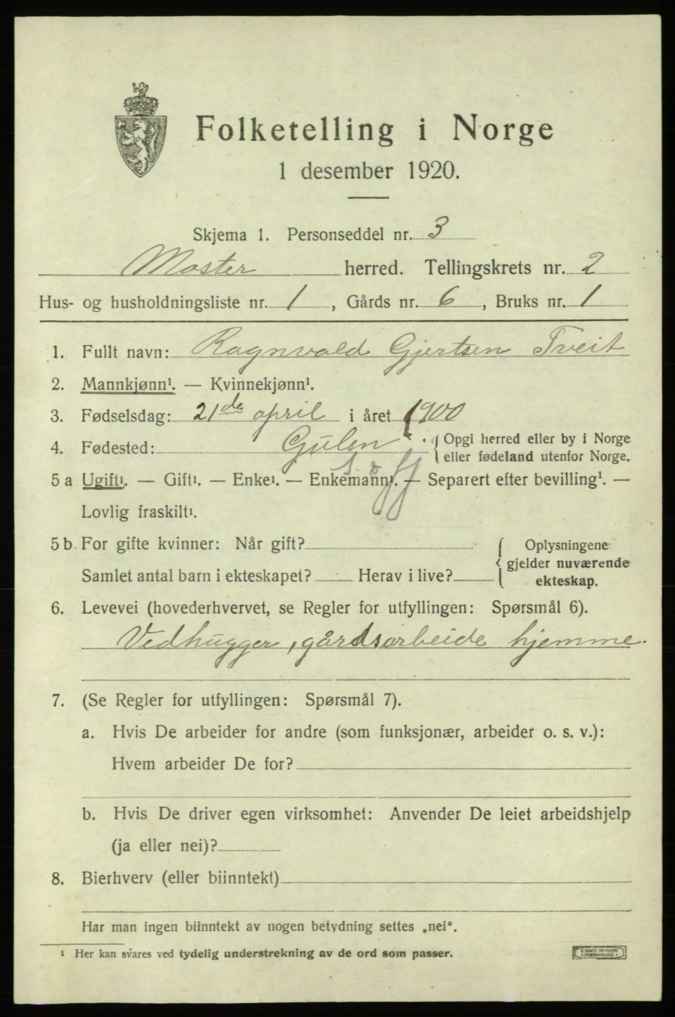 SAB, 1920 census for Moster, 1920, p. 825