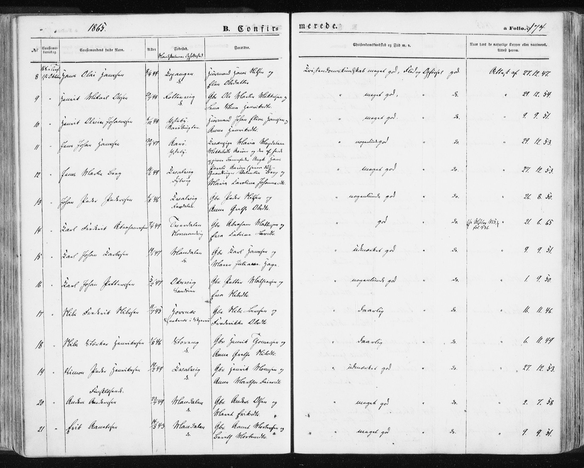 Lyngen sokneprestembete, AV/SATØ-S-1289/H/He/Hea/L0005kirke: Parish register (official) no. 5, 1859-1869, p. 174