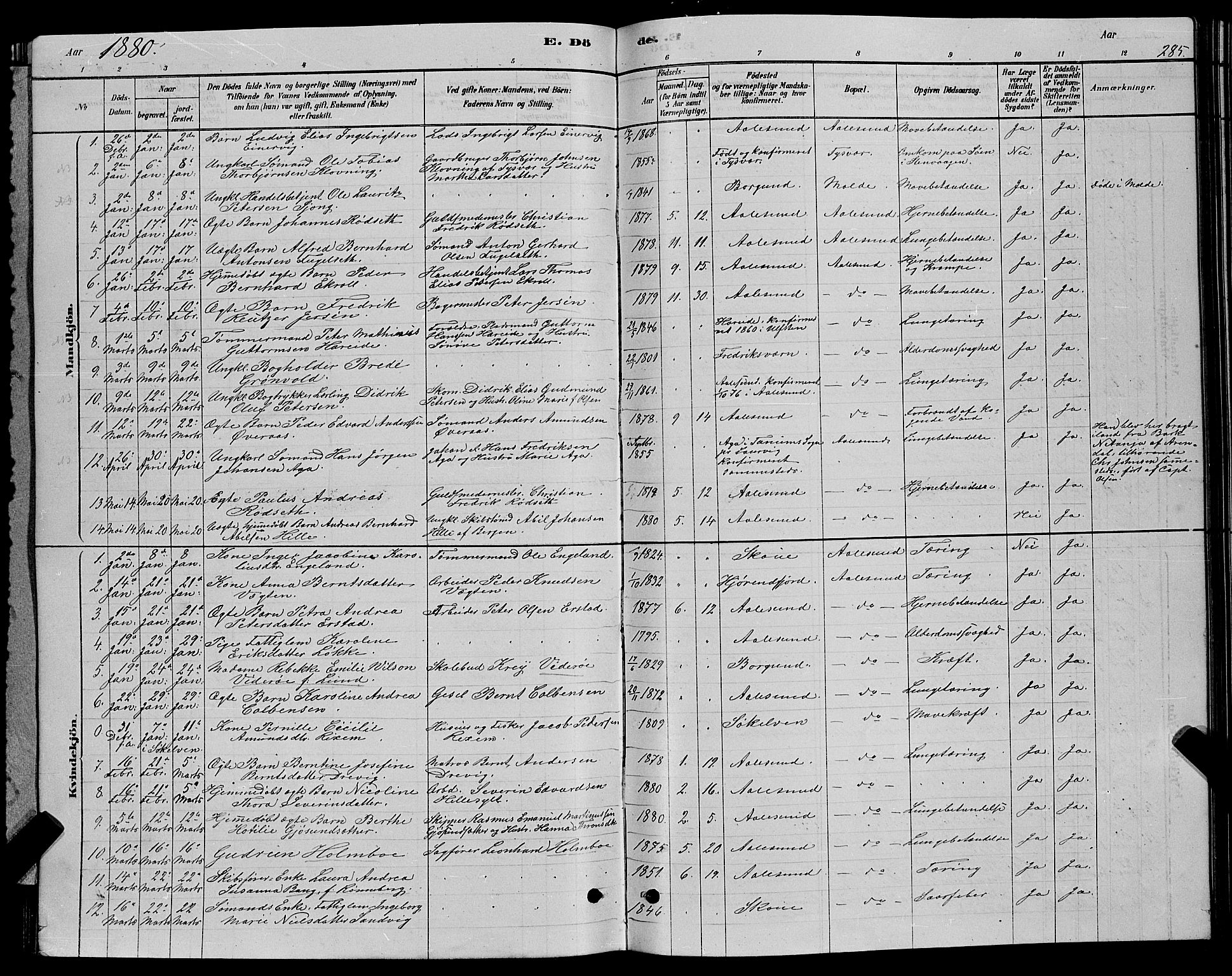 Ministerialprotokoller, klokkerbøker og fødselsregistre - Møre og Romsdal, SAT/A-1454/529/L0466: Parish register (copy) no. 529C03, 1878-1888, p. 285