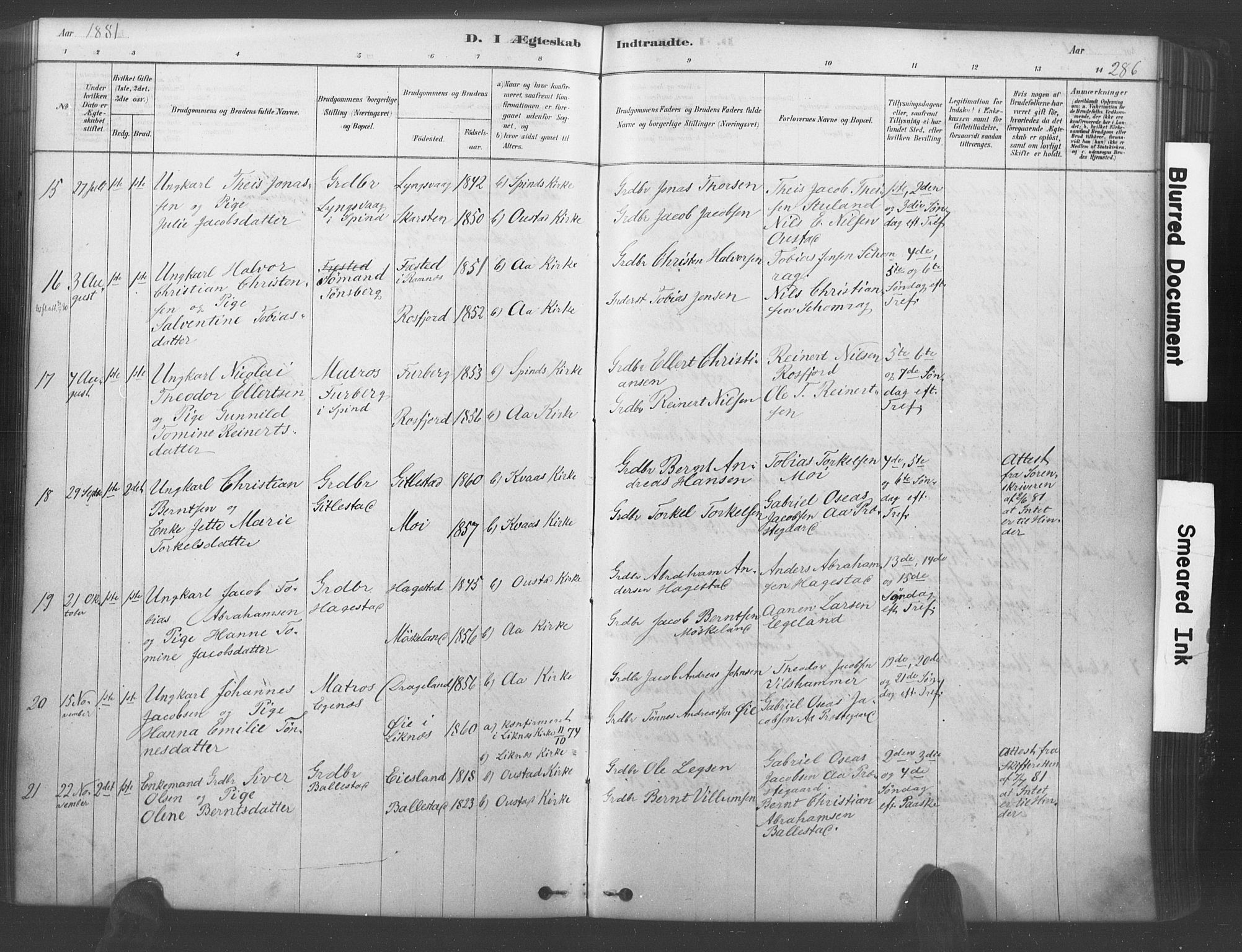 Lyngdal sokneprestkontor, AV/SAK-1111-0029/F/Fa/Fac/L0011: Parish register (official) no. A 11, 1878-1893, p. 286