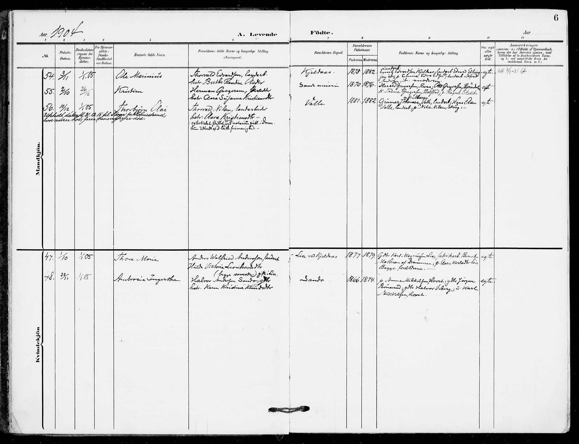 Sande Kirkebøker, AV/SAKO-A-53/F/Fa/L0008: Parish register (official) no. 8, 1904-1921, p. 6