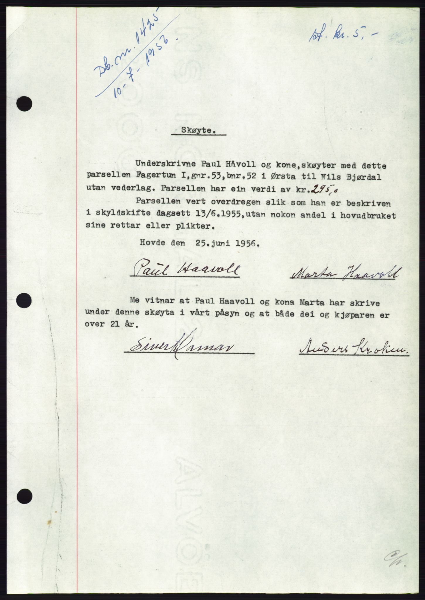 Søre Sunnmøre sorenskriveri, AV/SAT-A-4122/1/2/2C/L0104: Mortgage book no. 30A, 1956-1956, Diary no: : 1425/1956
