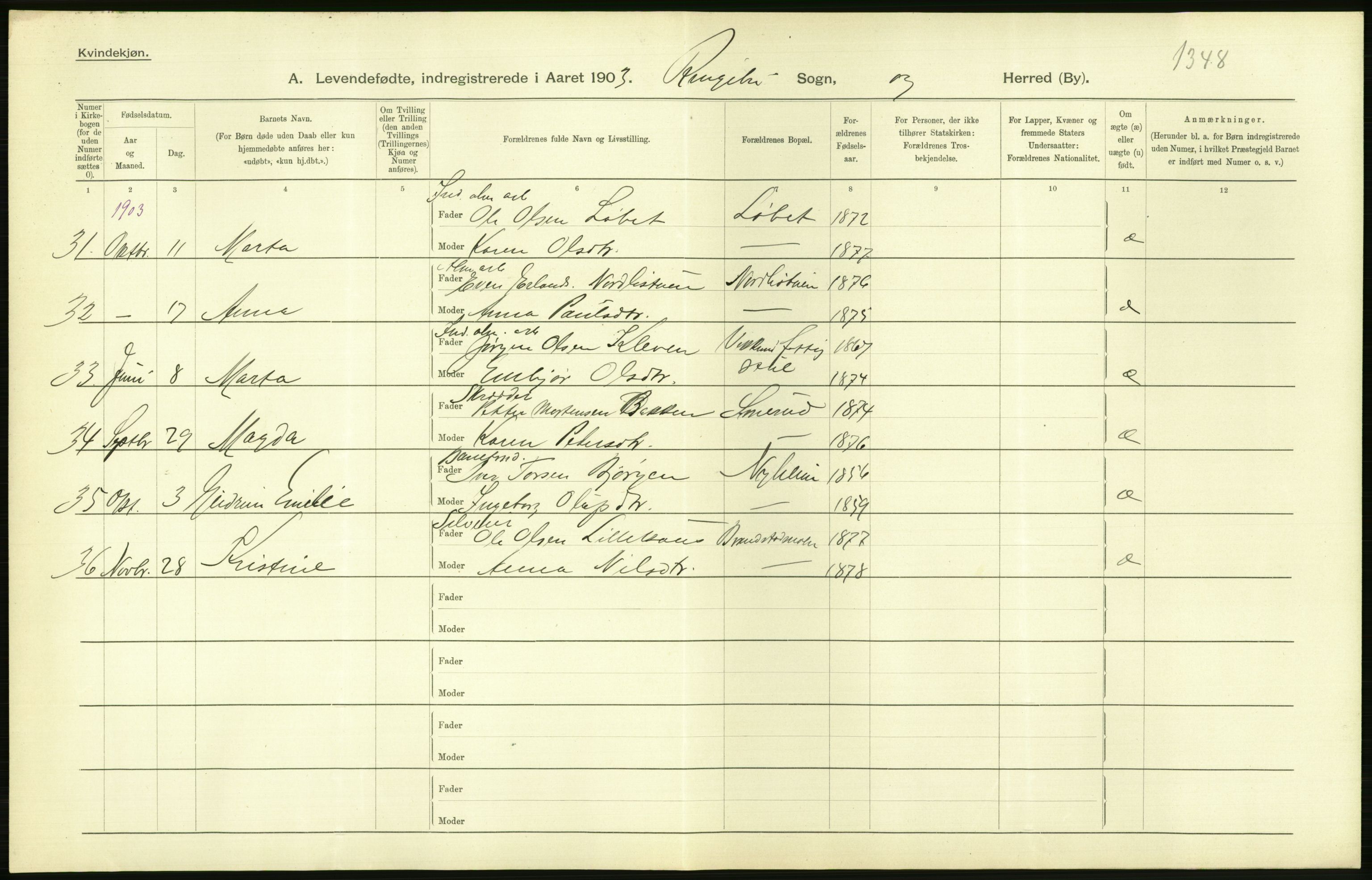 Statistisk sentralbyrå, Sosiodemografiske emner, Befolkning, AV/RA-S-2228/D/Df/Dfa/Dfaa/L0006: Kristians amt: Fødte, gifte, døde, 1903, p. 76