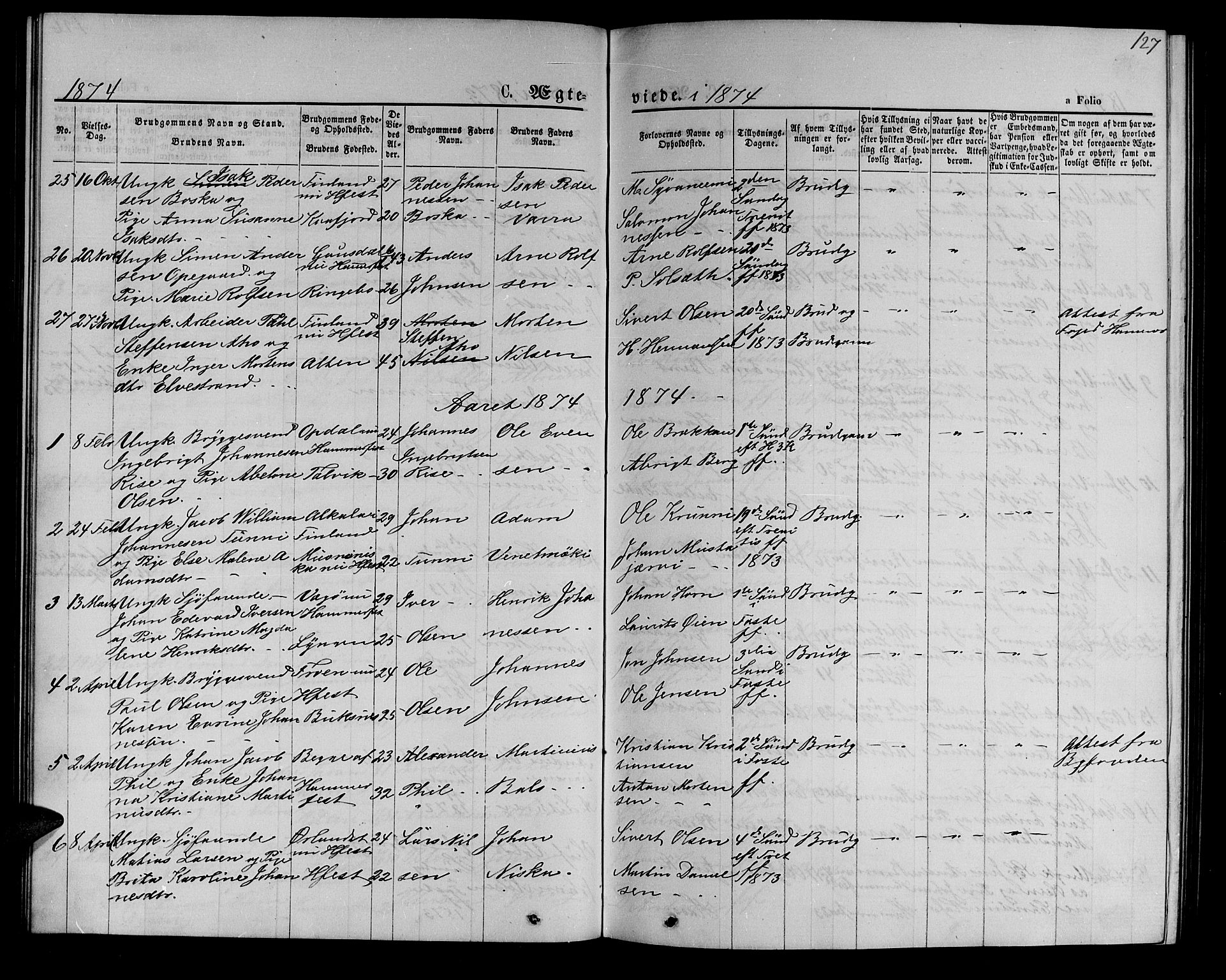Hammerfest sokneprestkontor, SATØ/S-1347/H/Hb/L0004.klokk: Parish register (copy) no. 4, 1869-1877, p. 127