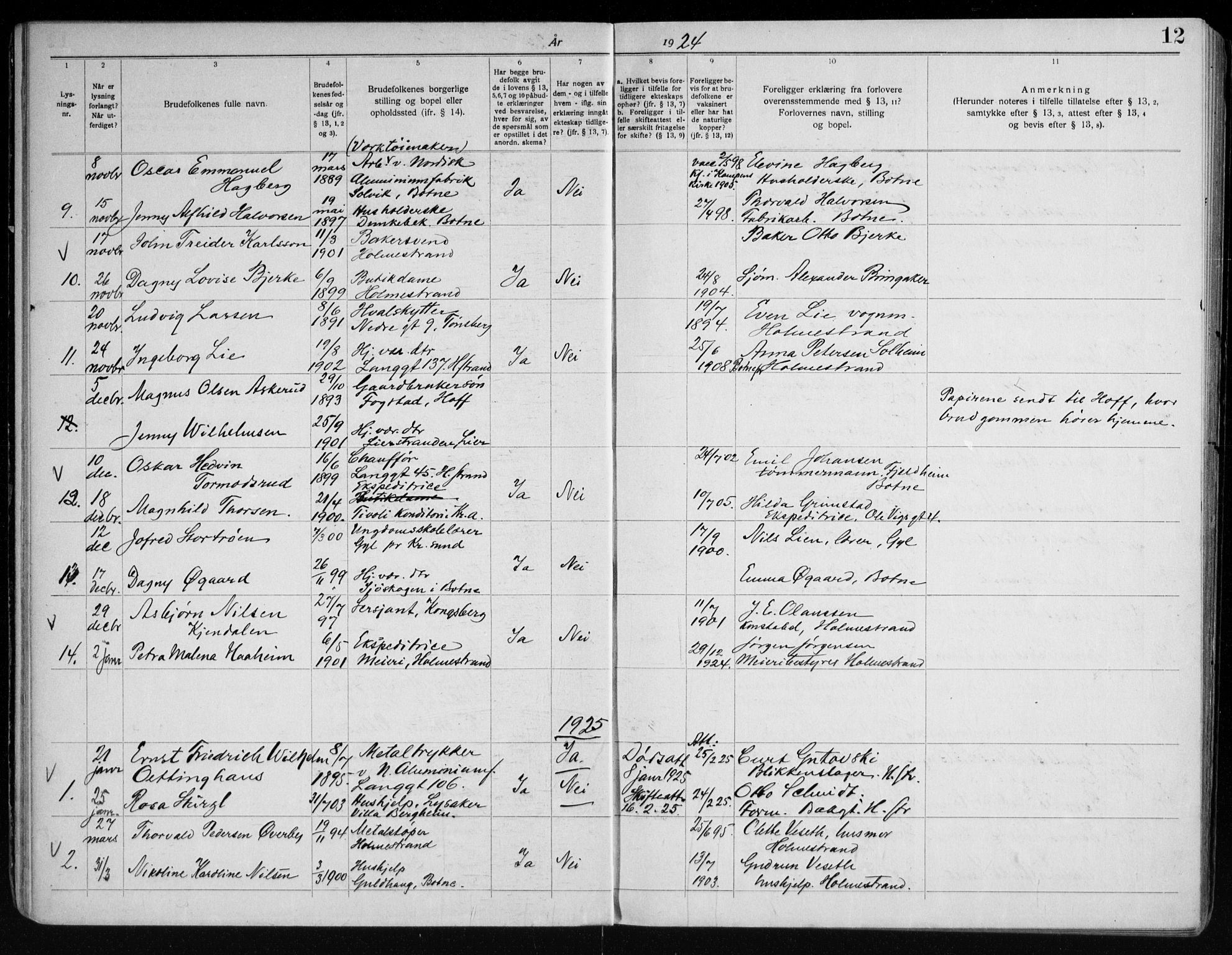 Holmestrand kirkebøker, AV/SAKO-A-346/H/Ha/L0002: Banns register no. 1, 1919-1963, p. 12