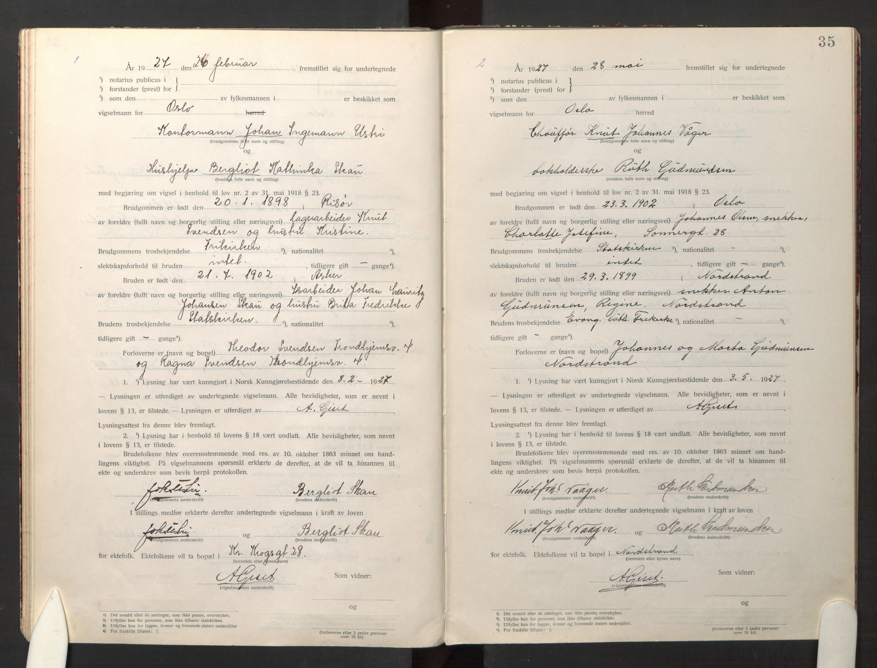 Den evangelisk-lutherske frikirke østre menighet, Oslo, SAO/PAO-0245/F/L0005: Marriage register (dissenter) no. 5, 1920-1941, p. 35