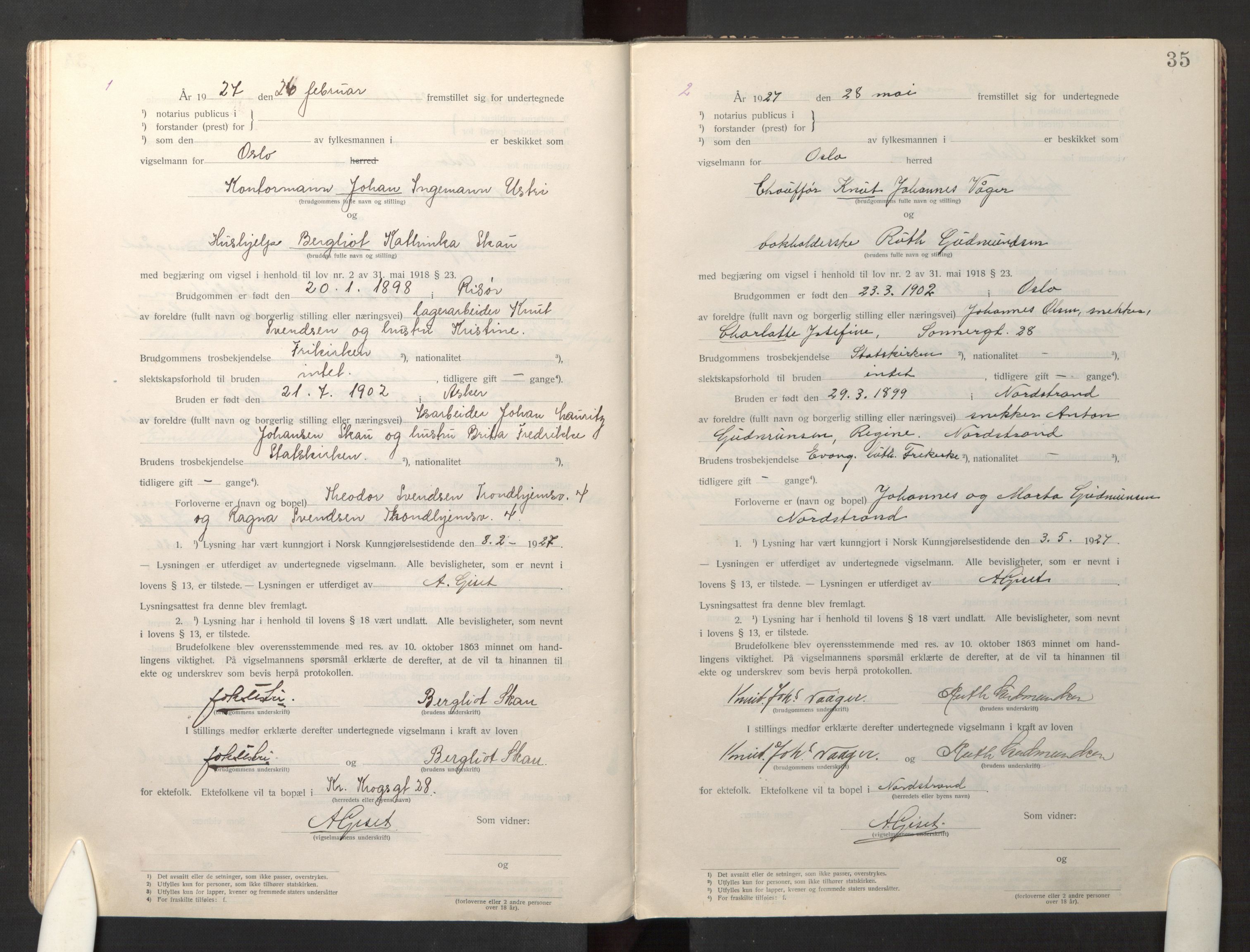 Den evangelisk-lutherske frikirke østre menighet, Oslo, AV/SAO-PAO-0245/F/L0005: Marriage register (dissenter) no. 5, 1920-1941, p. 35