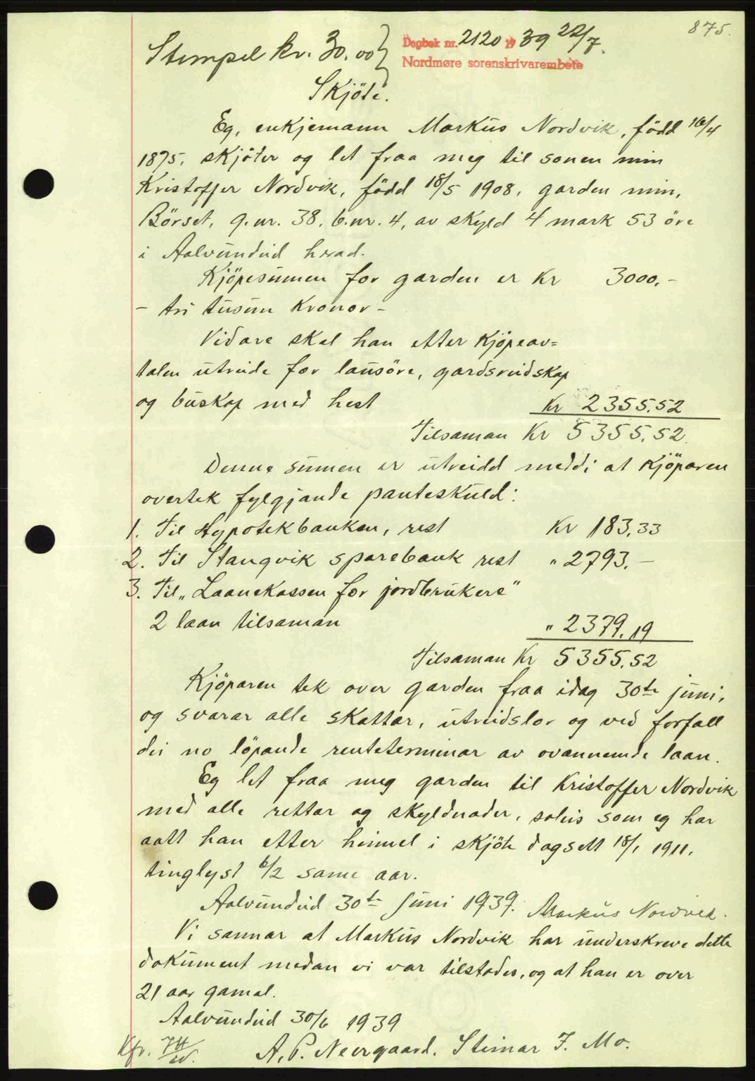 Nordmøre sorenskriveri, SAT/A-4132/1/2/2Ca: Mortgage book no. A86, 1939-1939, Diary no: : 2120/1939