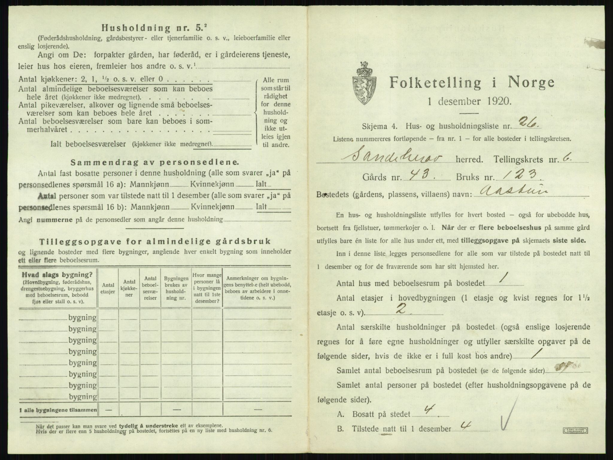SAKO, 1920 census for Sandeherred, 1920, p. 1164