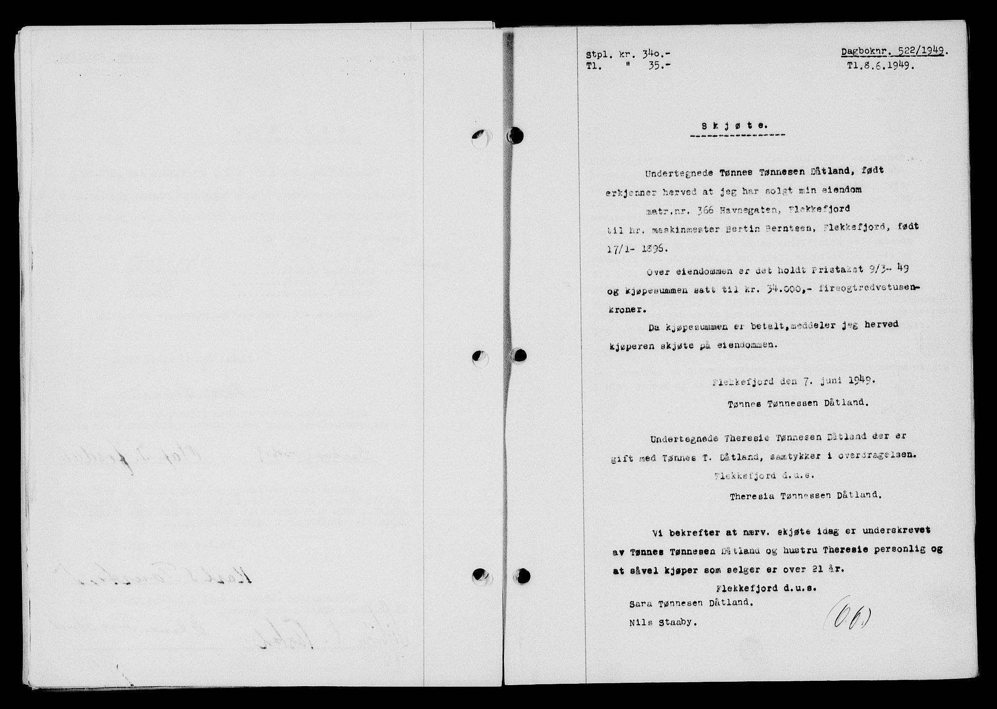 Flekkefjord sorenskriveri, SAK/1221-0001/G/Gb/Gba/L0065: Mortgage book no. A-13, 1949-1949, Diary no: : 522/1949