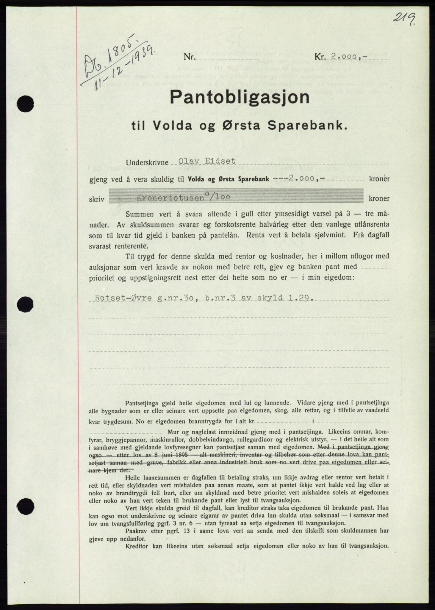 Søre Sunnmøre sorenskriveri, AV/SAT-A-4122/1/2/2C/L0069: Mortgage book no. 63, 1939-1940, Diary no: : 1805/1939