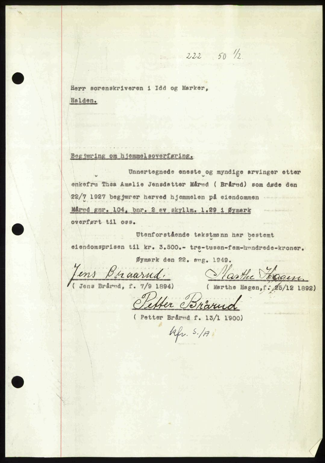 Idd og Marker sorenskriveri, AV/SAO-A-10283/G/Gb/Gbb/L0013: Mortgage book no. A13, 1949-1950, Diary no: : 222/1950