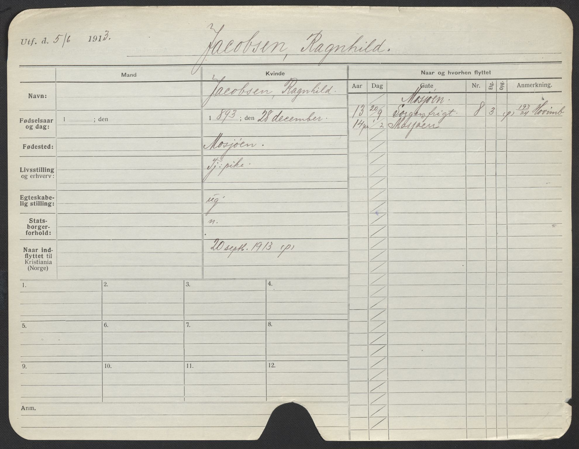 Oslo folkeregister, Registerkort, AV/SAO-A-11715/F/Fa/Fac/L0017: Kvinner, 1906-1914, p. 275a