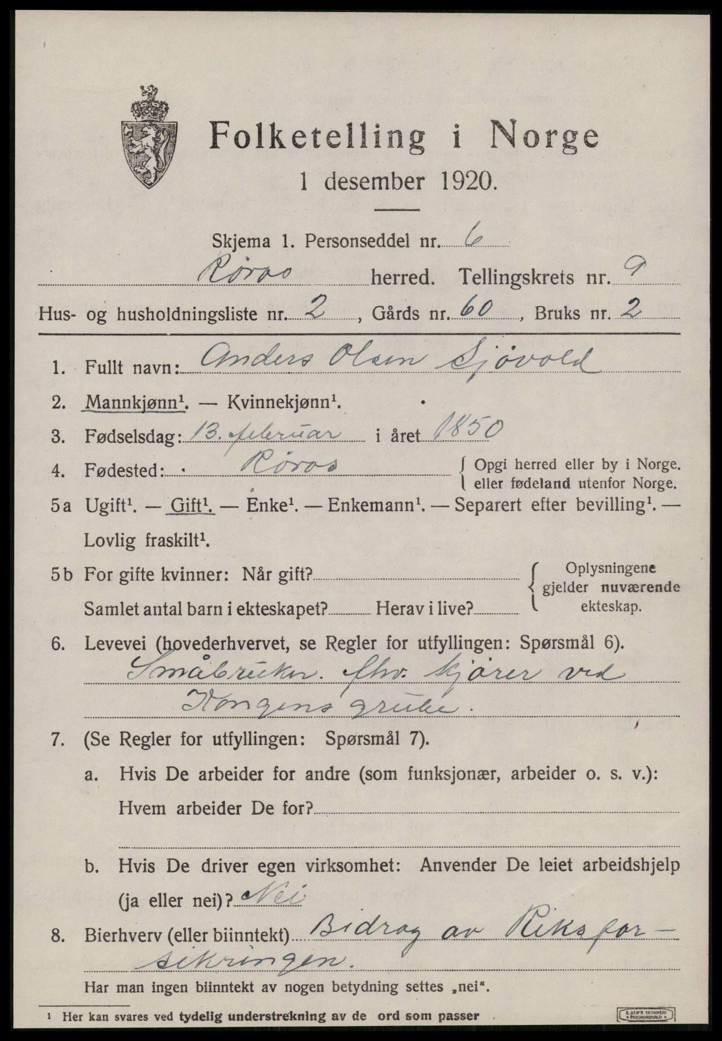 SAT, 1920 census for Røros, 1920, p. 7710