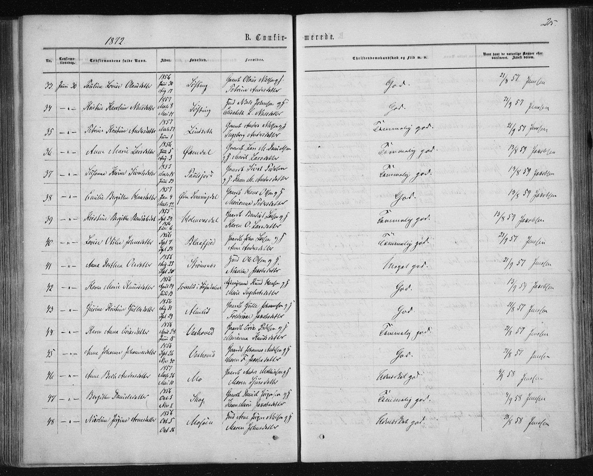 Ministerialprotokoller, klokkerbøker og fødselsregistre - Nordland, SAT/A-1459/820/L0294: Parish register (official) no. 820A15, 1866-1879, p. 215