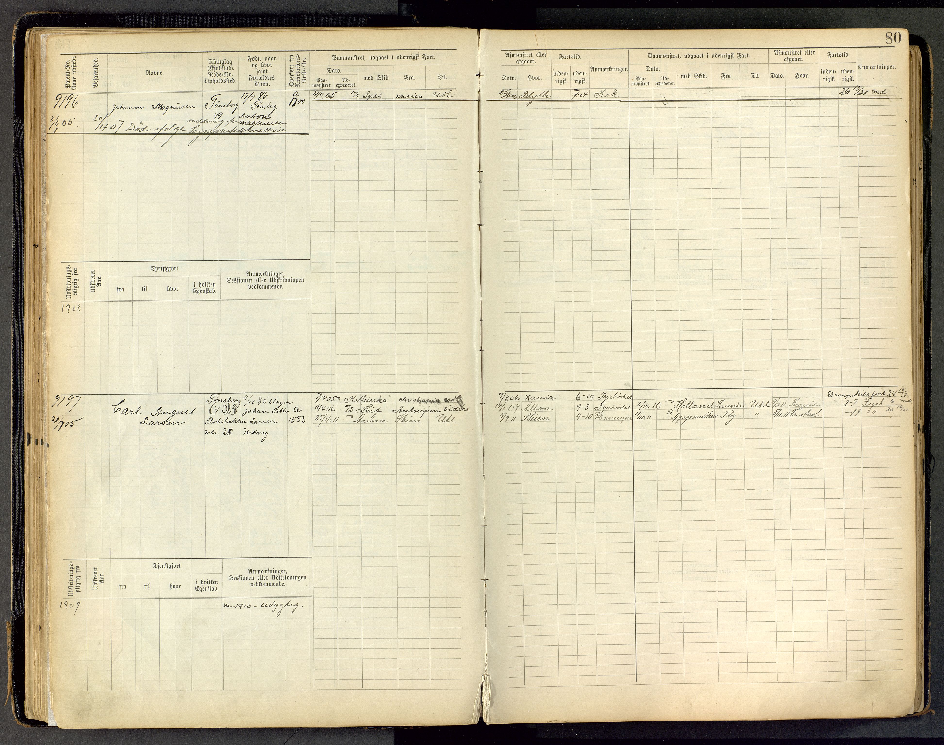 Tønsberg innrulleringskontor, AV/SAKO-A-786/F/Fc/Fca/L0011: Hovedrulle Patent nr. 9038-9992, 1900-1912, p. 80