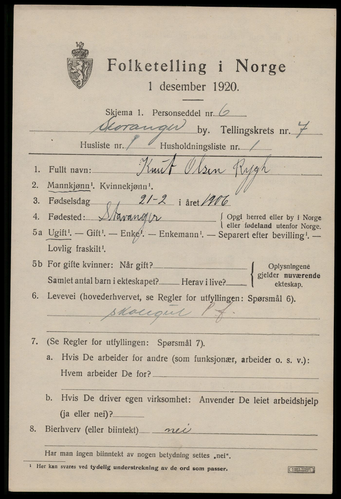 SAST, 1920 census for Stavanger, 1920, p. 44798