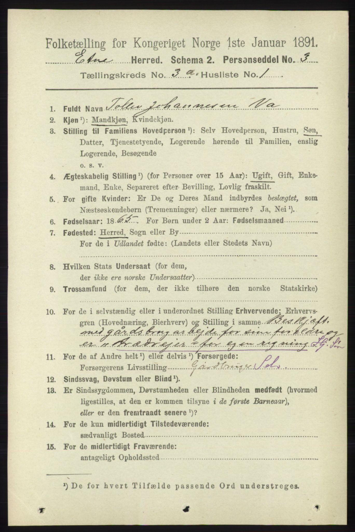 RA, 1891 census for 1211 Etne, 1891, p. 691