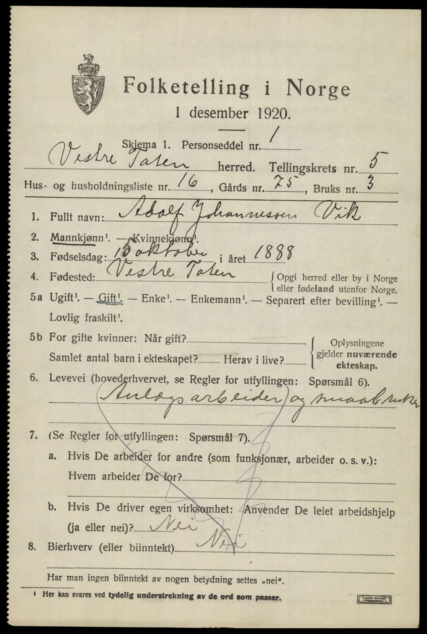 SAH, 1920 census for Vestre Toten, 1920, p. 7488