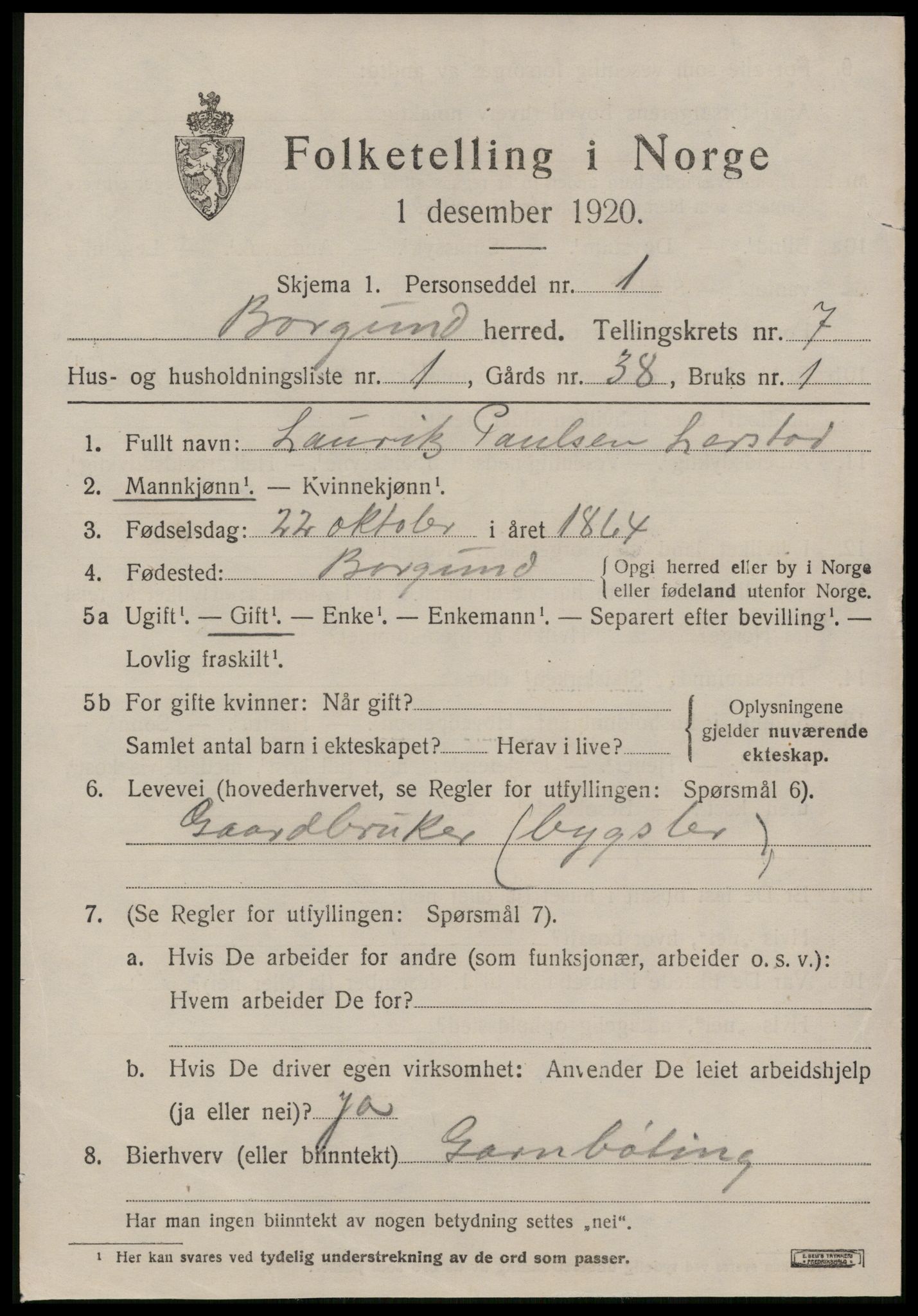 SAT, 1920 census for Borgund, 1920, p. 5994