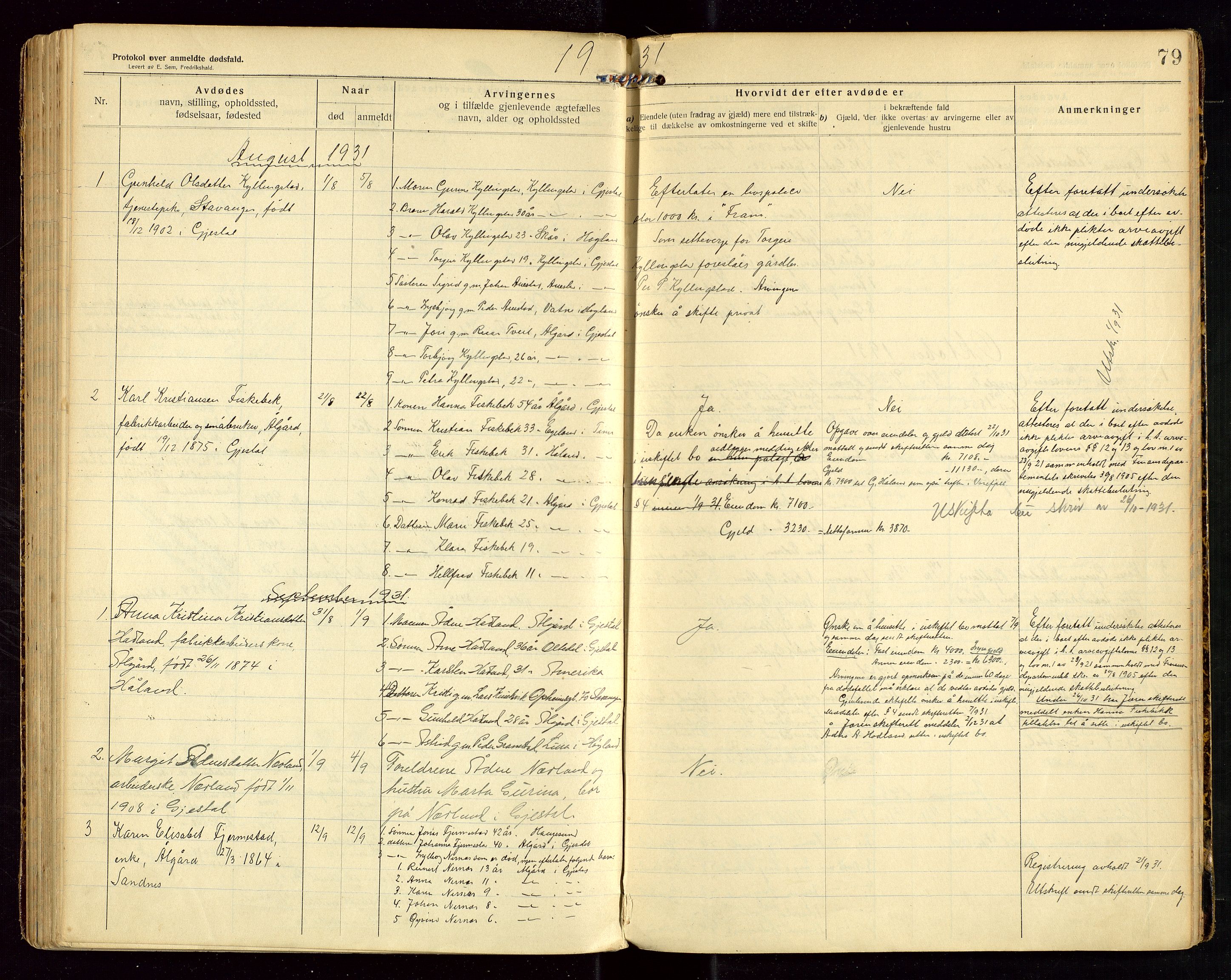 Gjesdal lensmannskontor, SAST/A-100441/Gga/L0002: Dødsfallprotokoll, 1911-1933, p. 79