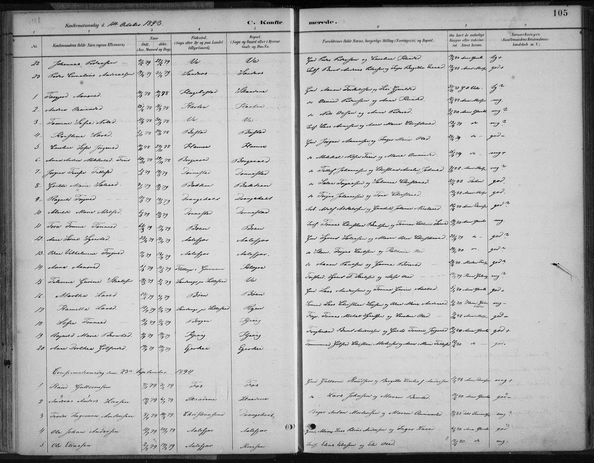 Tveit sokneprestkontor, SAK/1111-0043/F/Fa/L0007: Parish register (official) no. A 7, 1887-1908, p. 105
