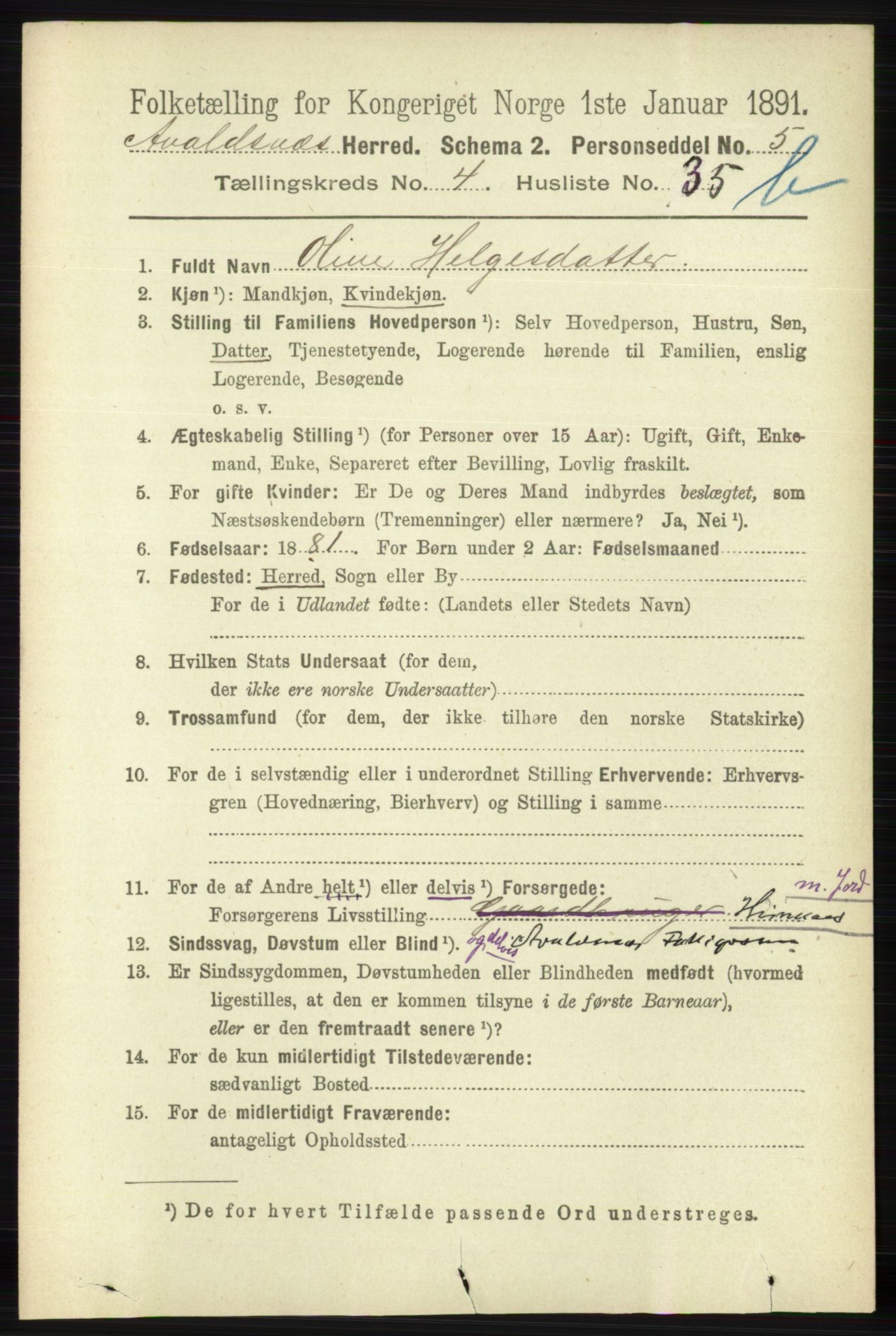 RA, 1891 census for 1147 Avaldsnes, 1891, p. 2983