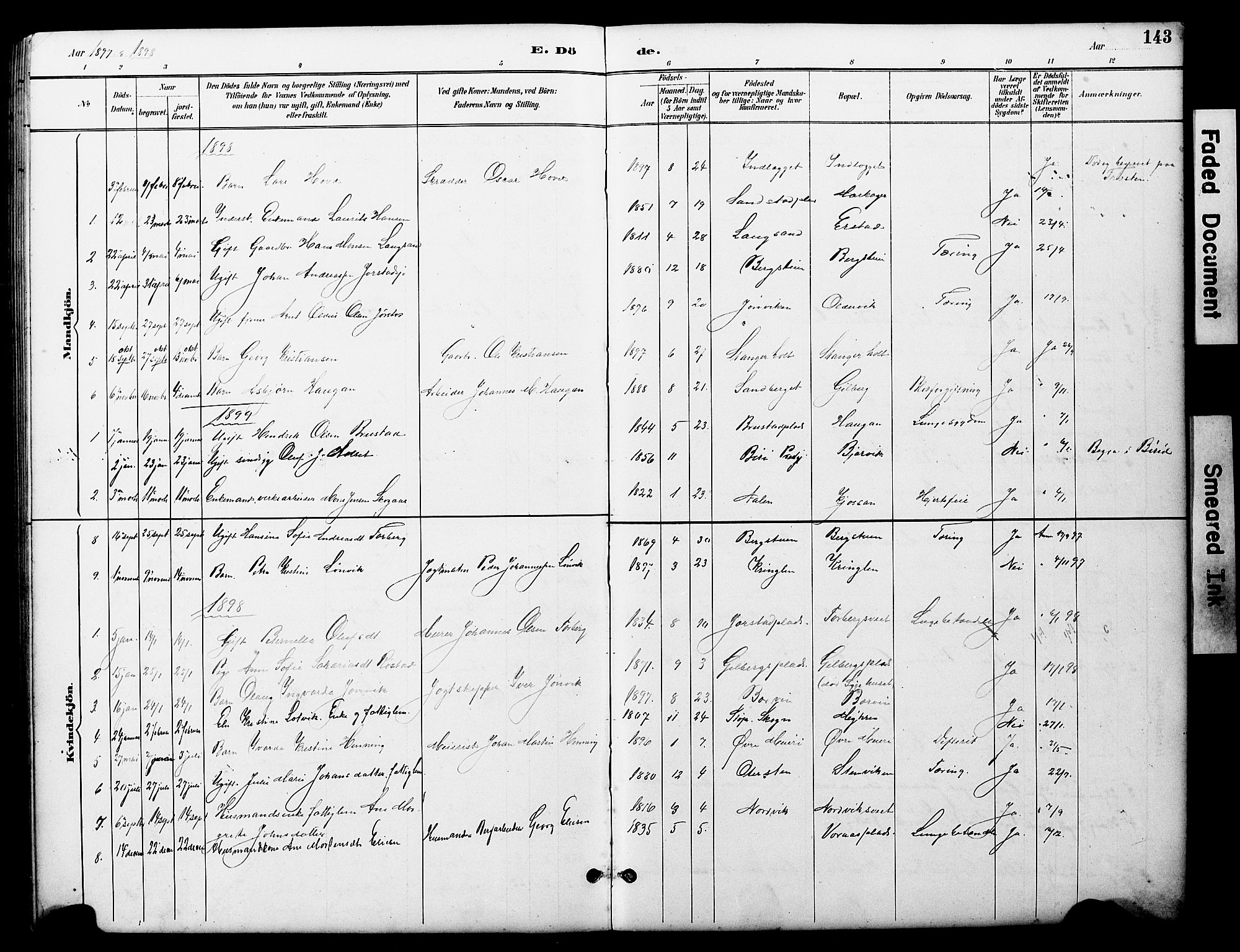 Ministerialprotokoller, klokkerbøker og fødselsregistre - Nord-Trøndelag, AV/SAT-A-1458/722/L0226: Parish register (copy) no. 722C02, 1889-1927, p. 143