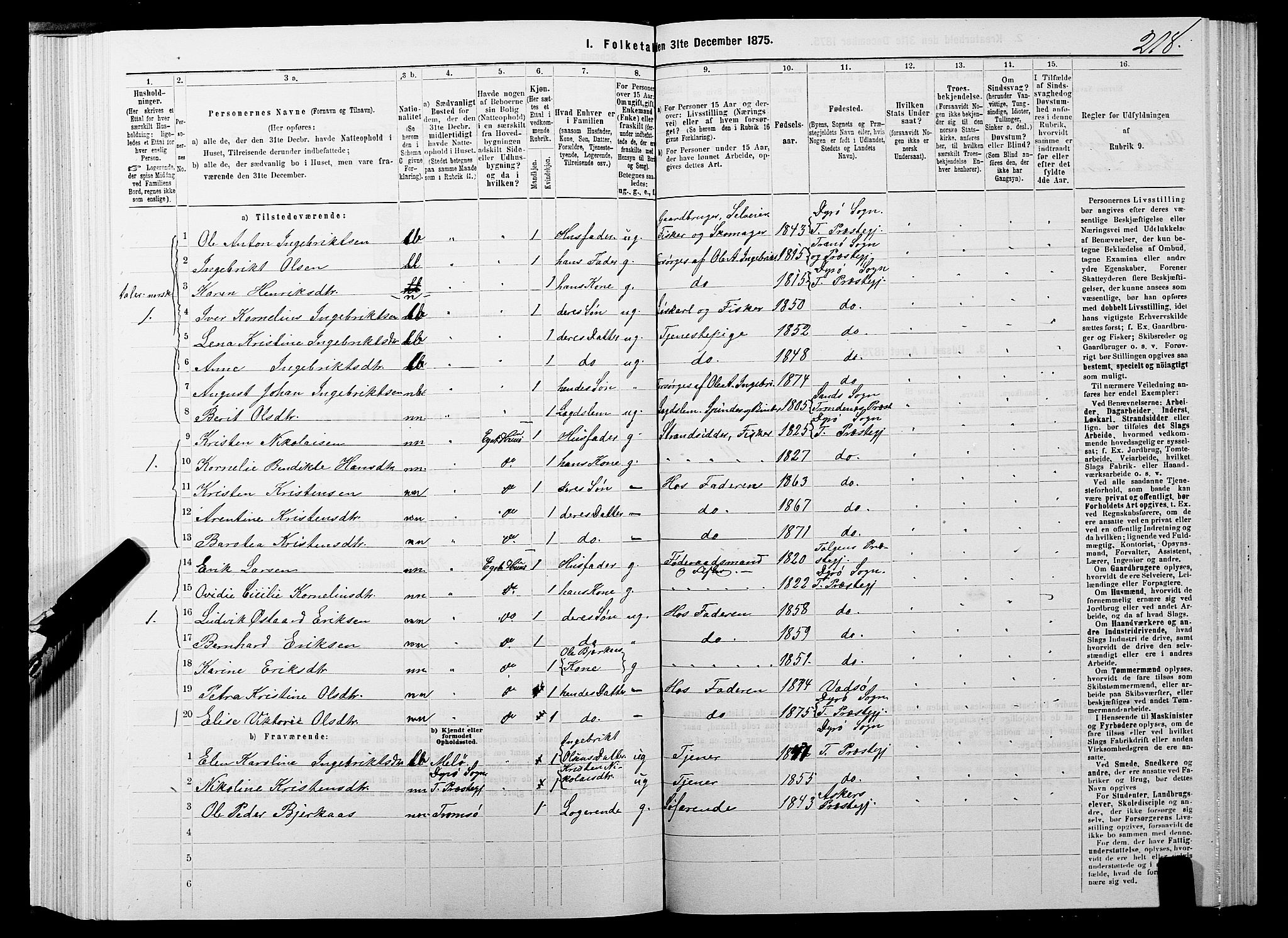 SATØ, 1875 census for 1927P Tranøy, 1875, p. 3218