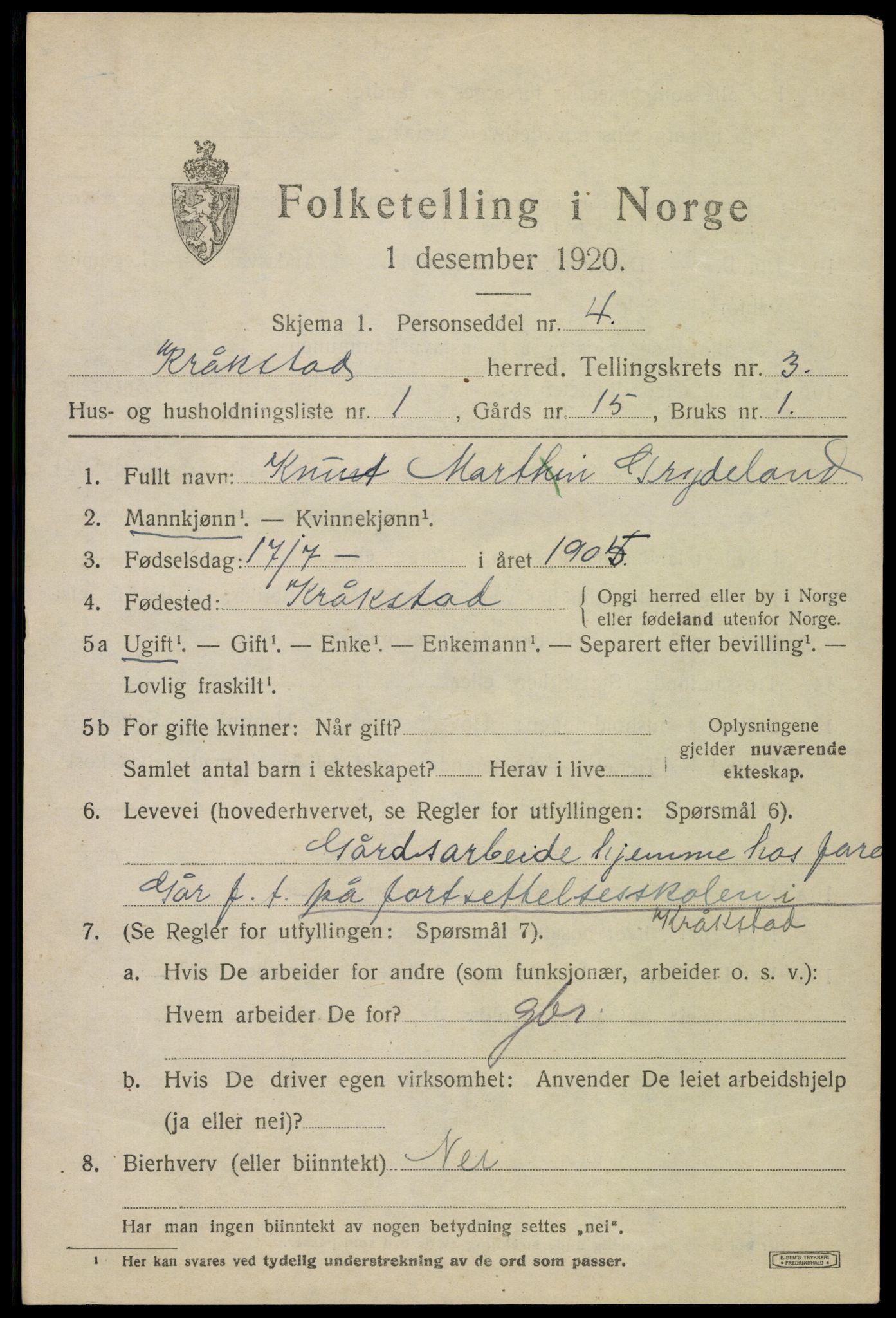 SAO, 1920 census for Kråkstad, 1920, p. 3363