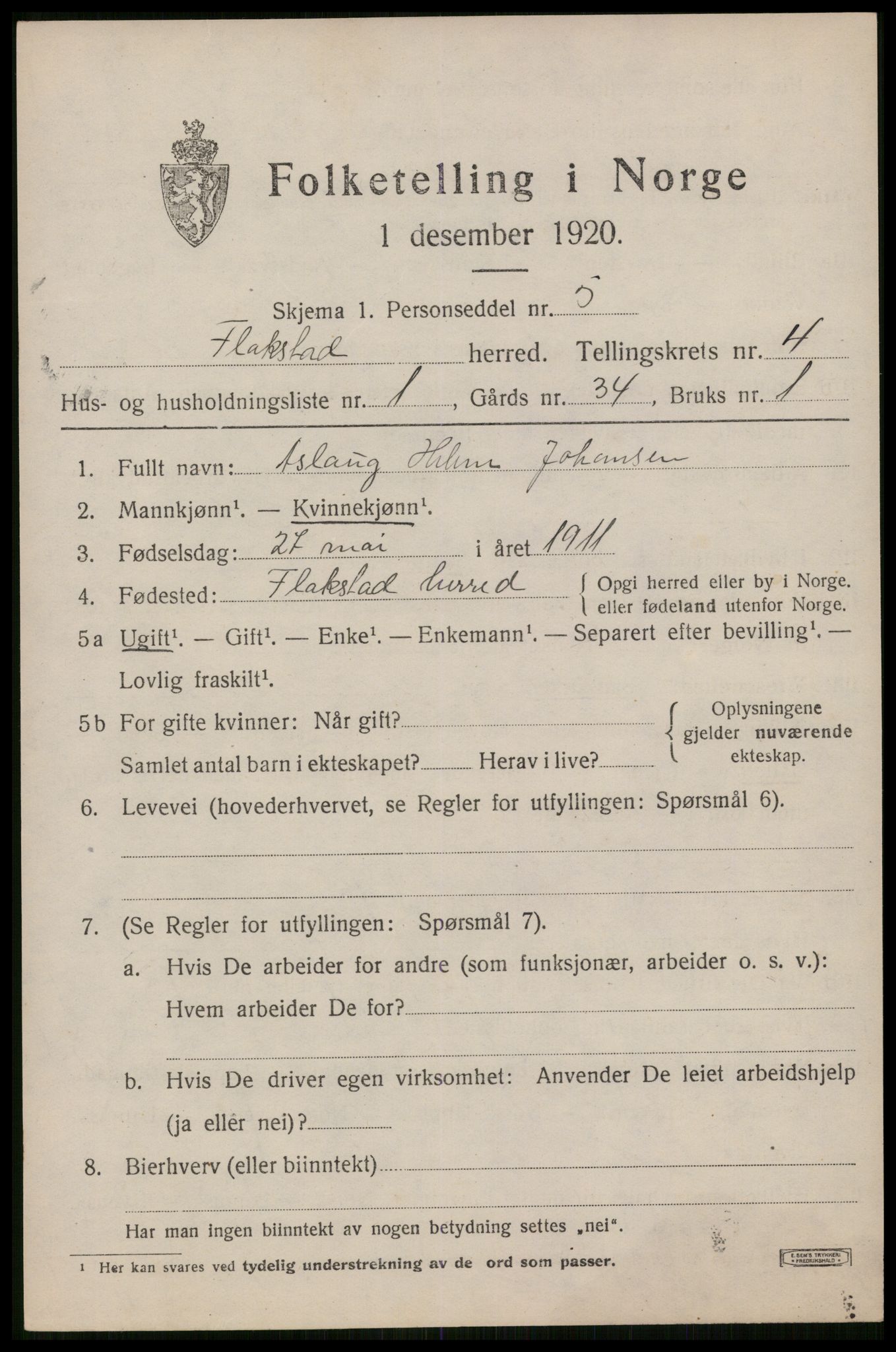 SAT, 1920 census for Flakstad, 1920, p. 2831