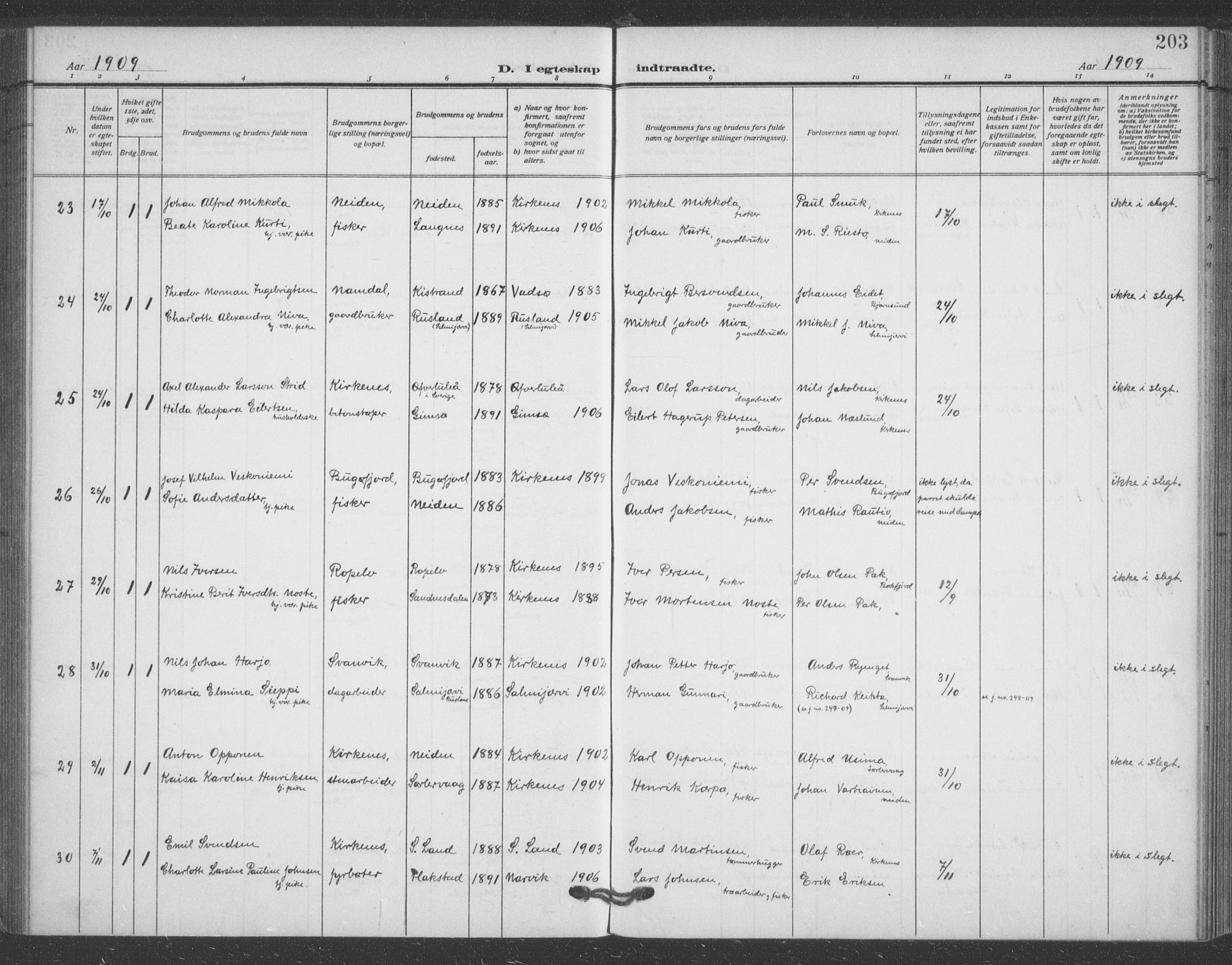 Sør-Varanger sokneprestkontor, AV/SATØ-S-1331/H/Ha/L0005kirke: Parish register (official) no. 5, 1909-1919, p. 203