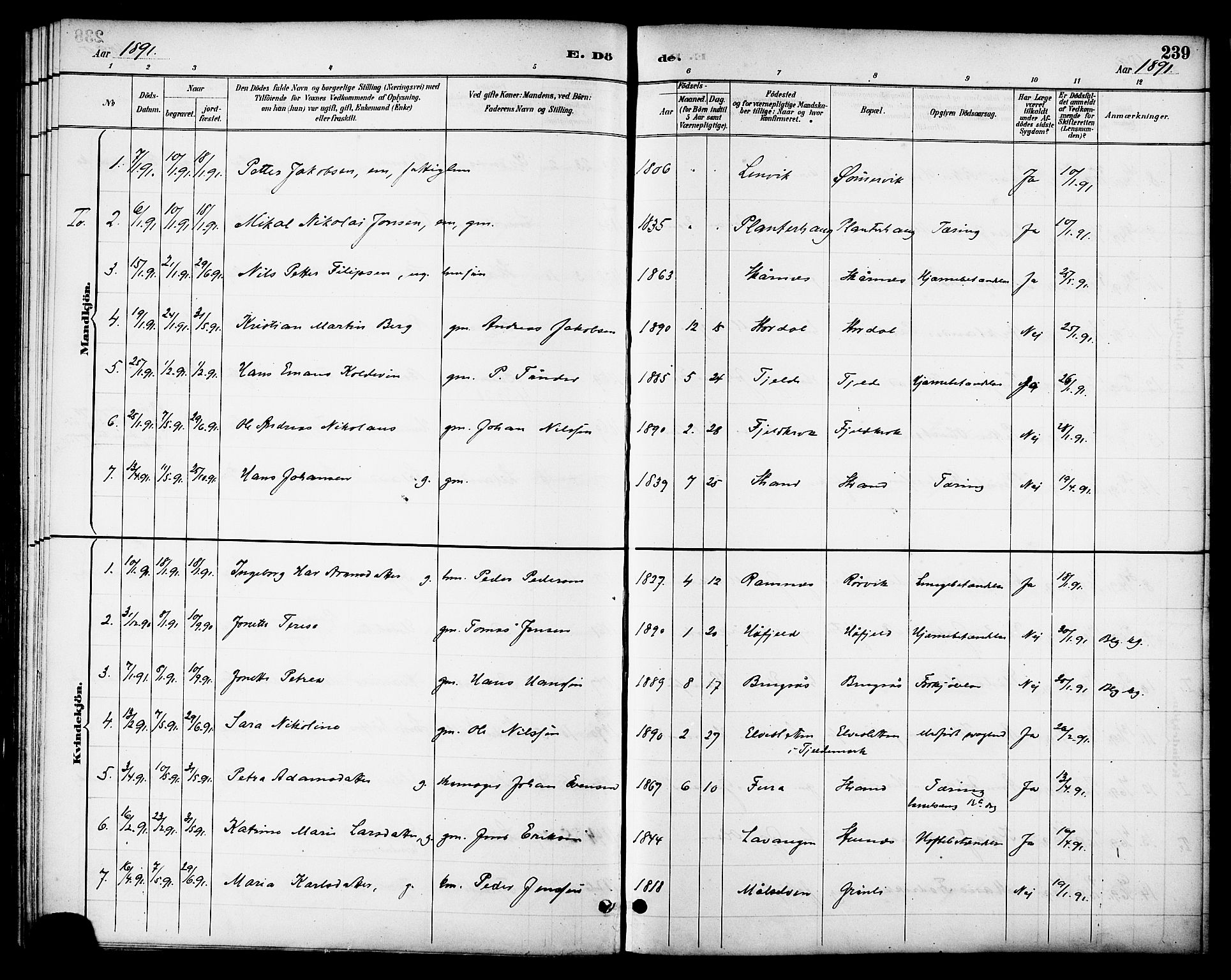 Ministerialprotokoller, klokkerbøker og fødselsregistre - Nordland, AV/SAT-A-1459/863/L0898: Parish register (official) no. 863A10, 1886-1897, p. 239