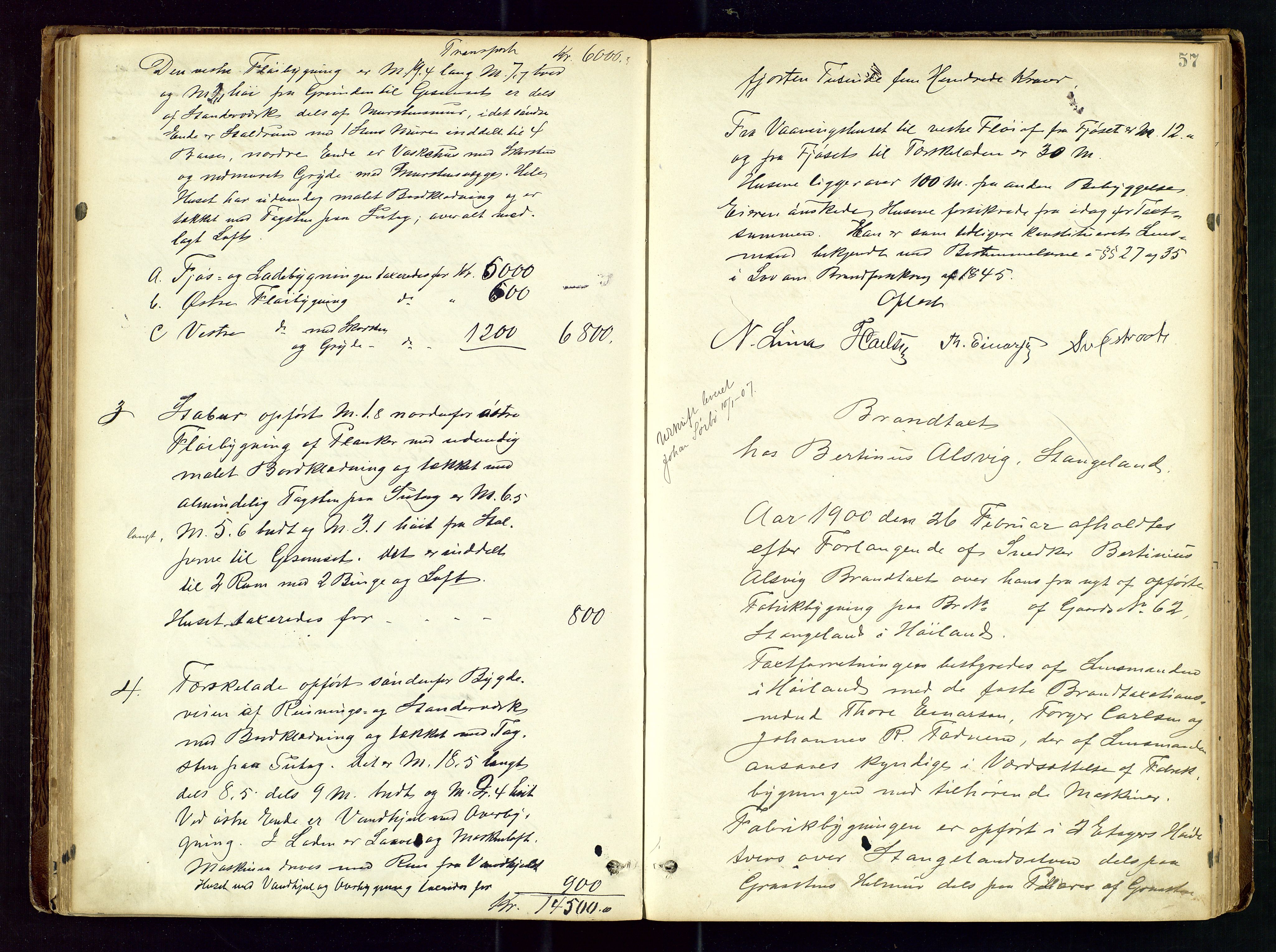 Høyland/Sandnes lensmannskontor, SAST/A-100166/Goa/L0002: "Brandtaxtprotokol for Landafdelingen i Høiland", 1880-1917, p. 56b-57a