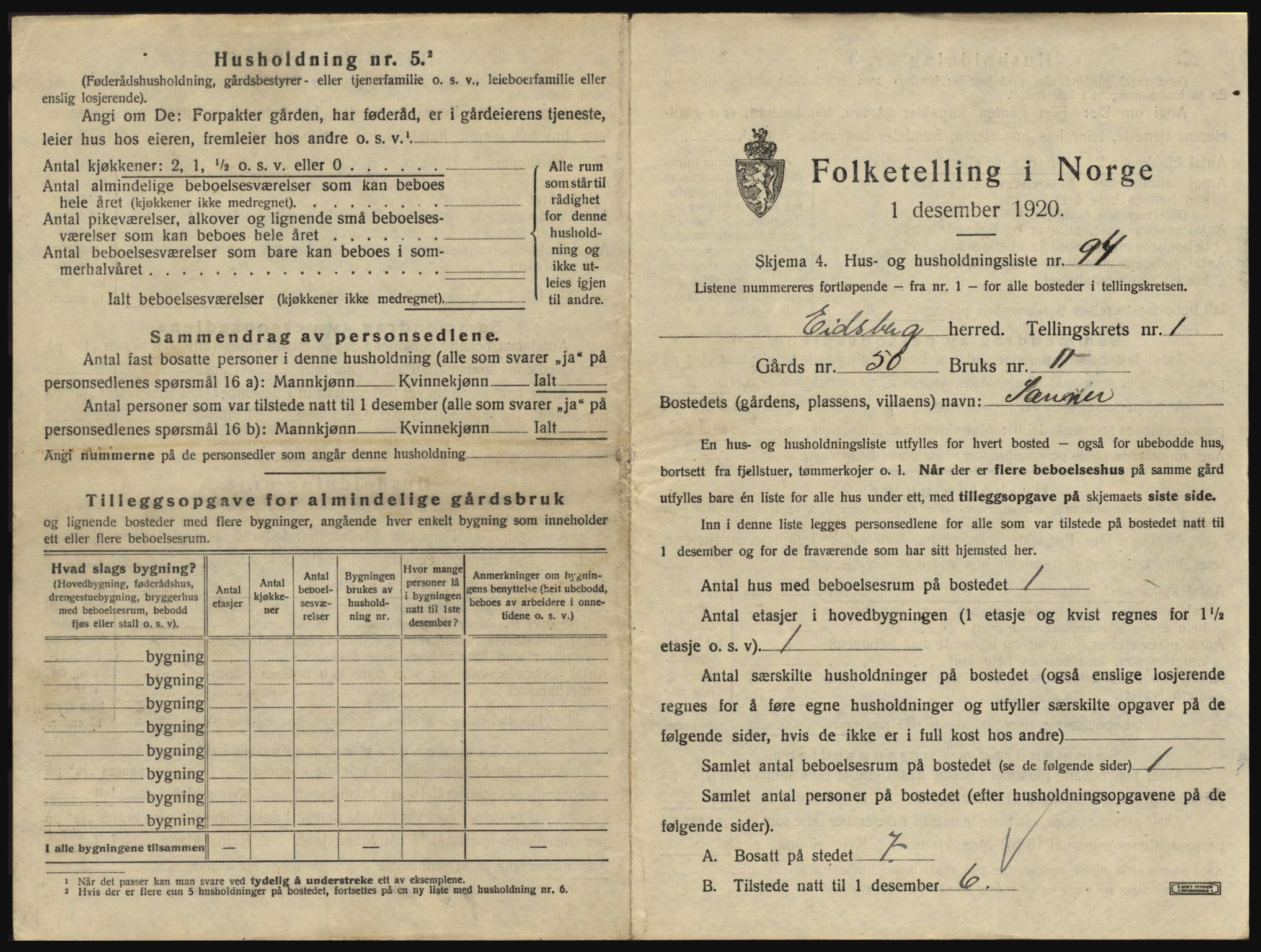 SAO, 1920 census for Eidsberg, 1920, p. 227