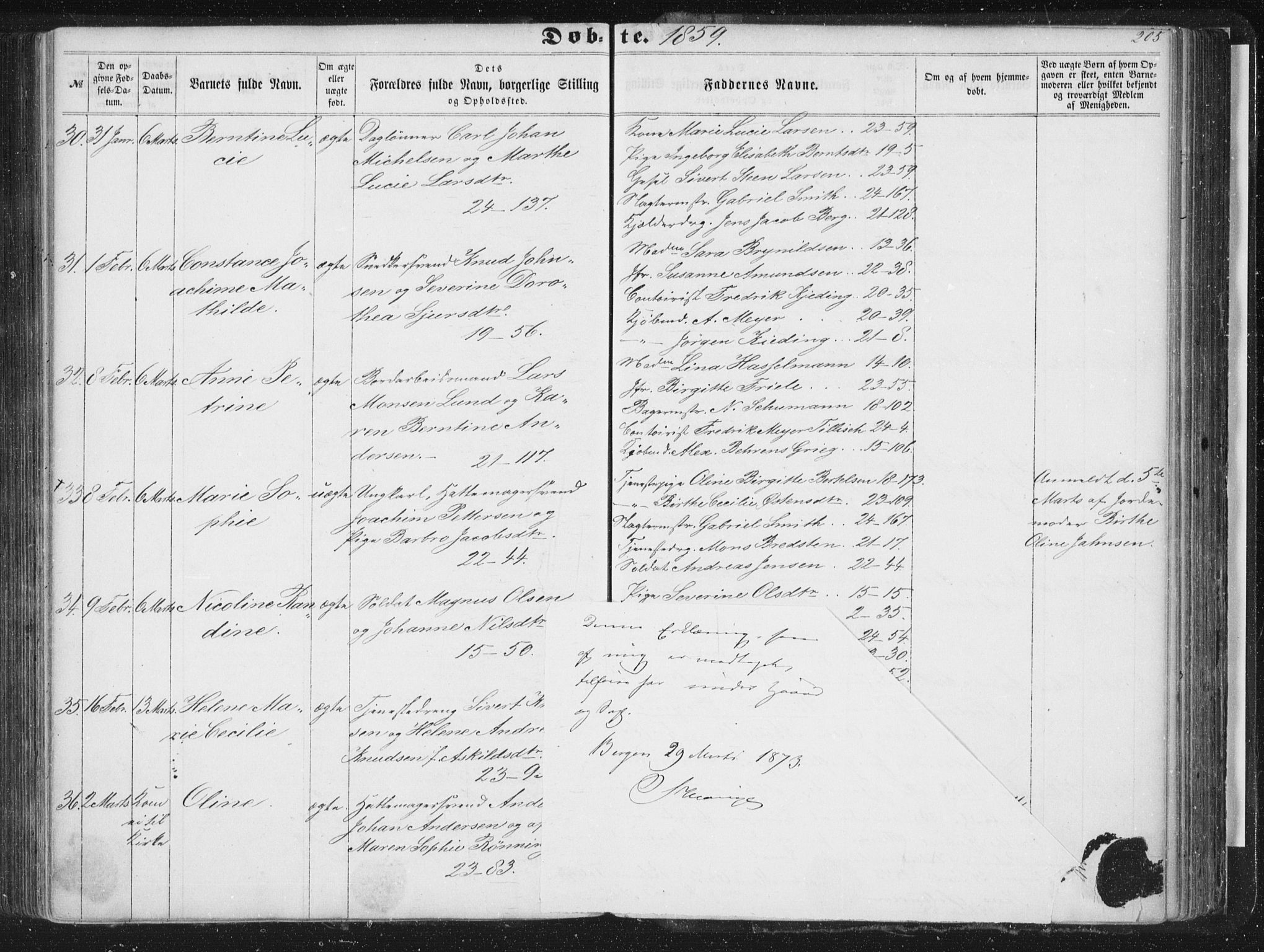 Korskirken sokneprestembete, SAB/A-76101/H/Haa/L0018: Parish register (official) no. B 4, 1857-1866, p. 205