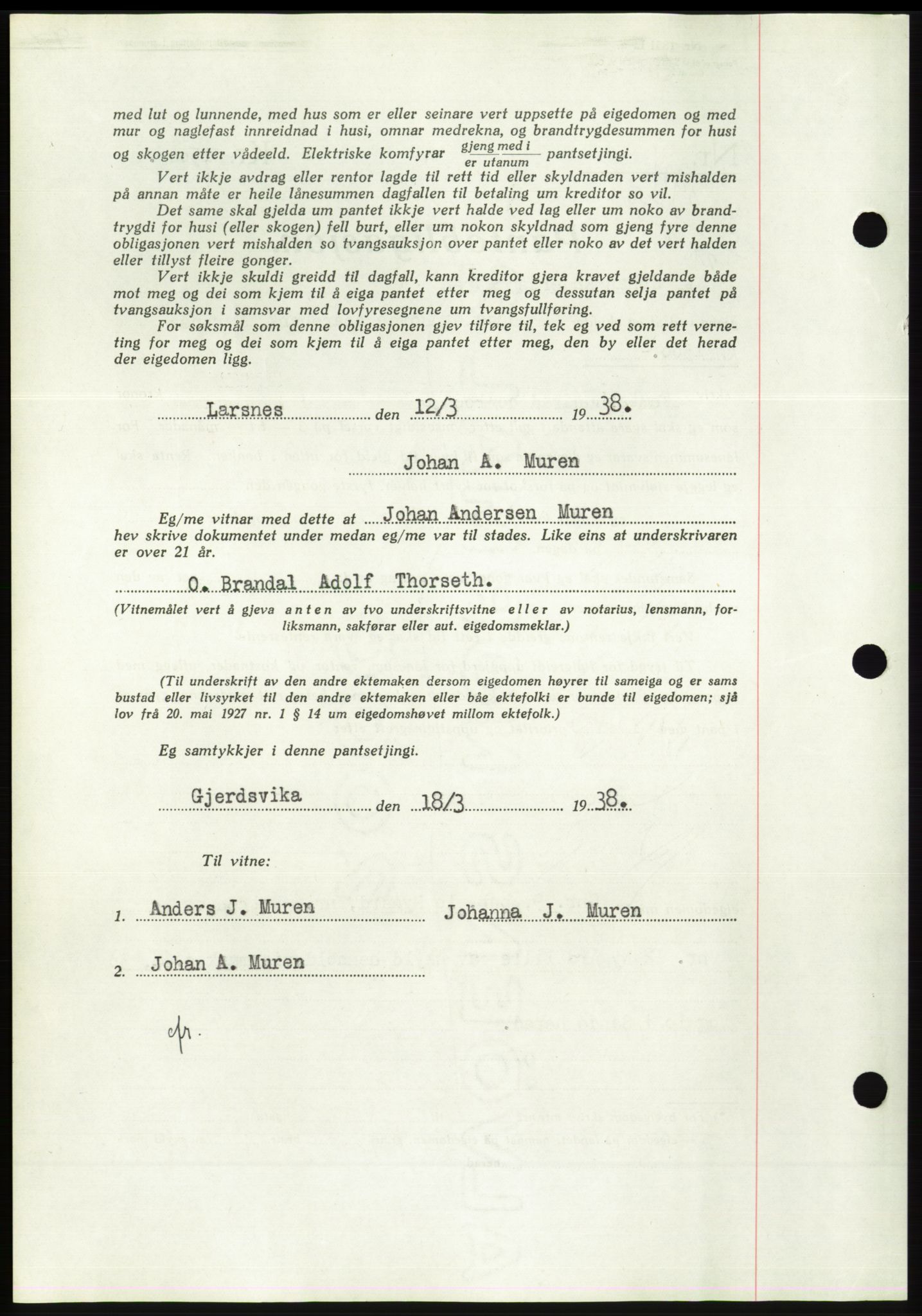 Søre Sunnmøre sorenskriveri, AV/SAT-A-4122/1/2/2C/L0065: Mortgage book no. 59, 1938-1938, Diary no: : 394/1938