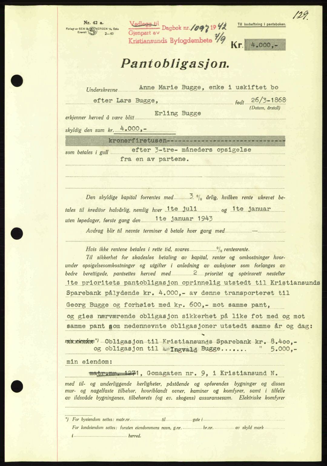 Kristiansund byfogd, SAT/A-4587/A/27: Mortgage book no. 36, 1942-1943, Diary no: : 1097/1942