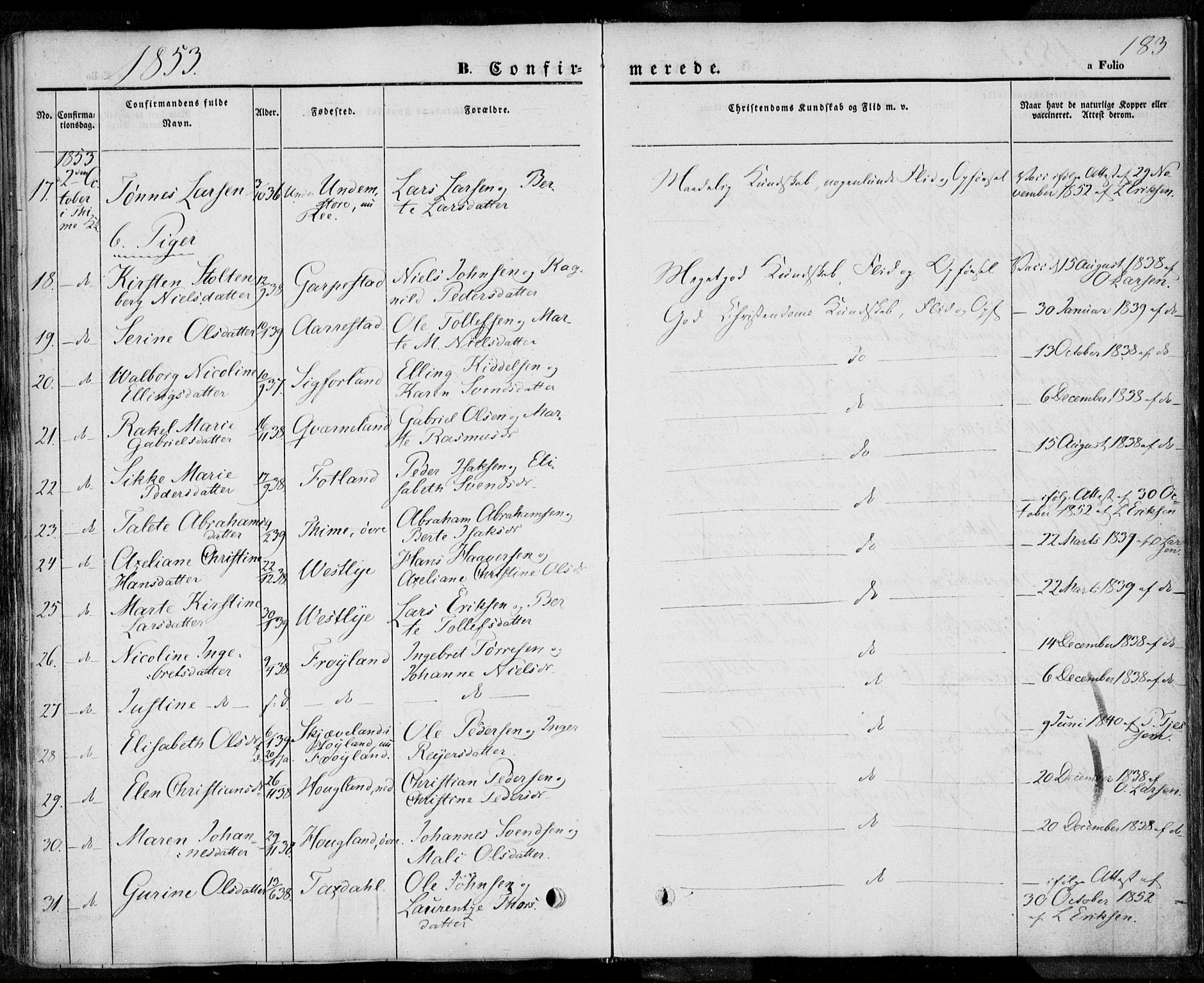 Lye sokneprestkontor, AV/SAST-A-101794/001/30BA/L0005: Parish register (official) no. A 5.1, 1842-1855, p. 183