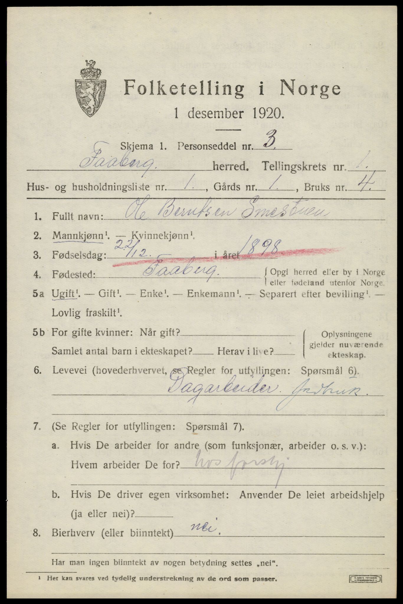 SAH, 1920 census for Fåberg, 1920, p. 2240