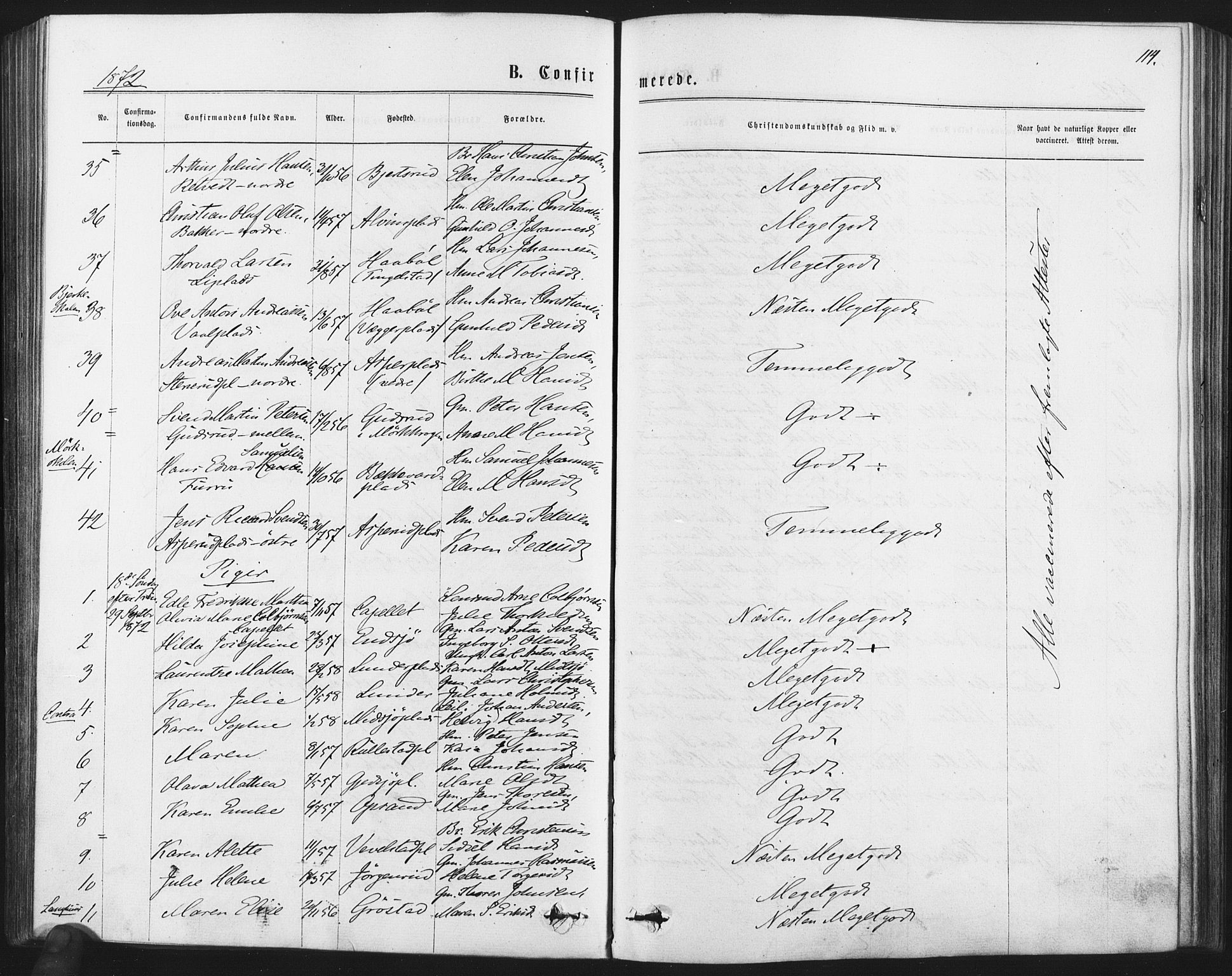 Kråkstad prestekontor Kirkebøker, AV/SAO-A-10125a/F/Fa/L0008: Parish register (official) no. I 8, 1870-1879, p. 114