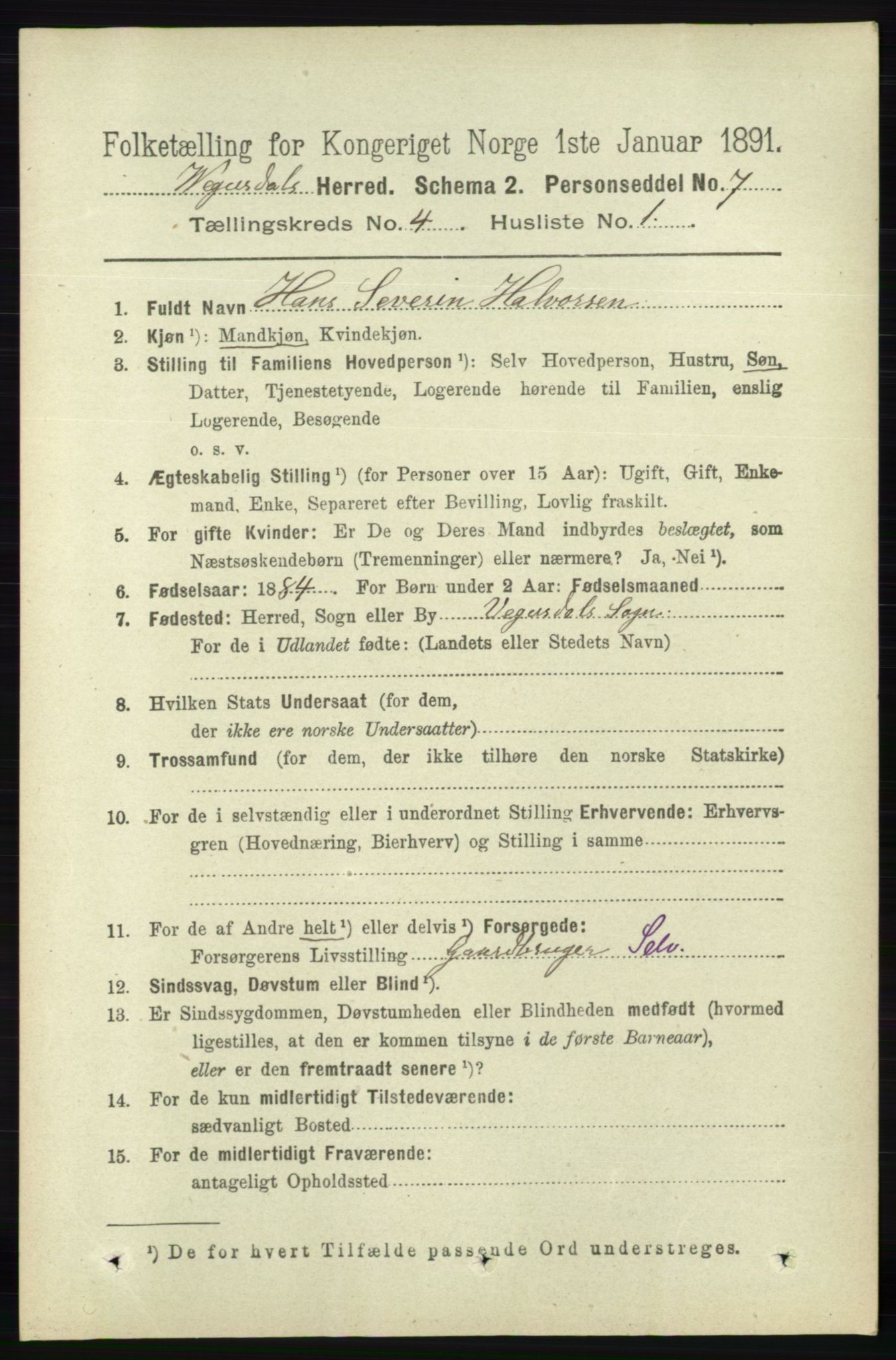 RA, 1891 census for 0934 Vegusdal, 1891, p. 717