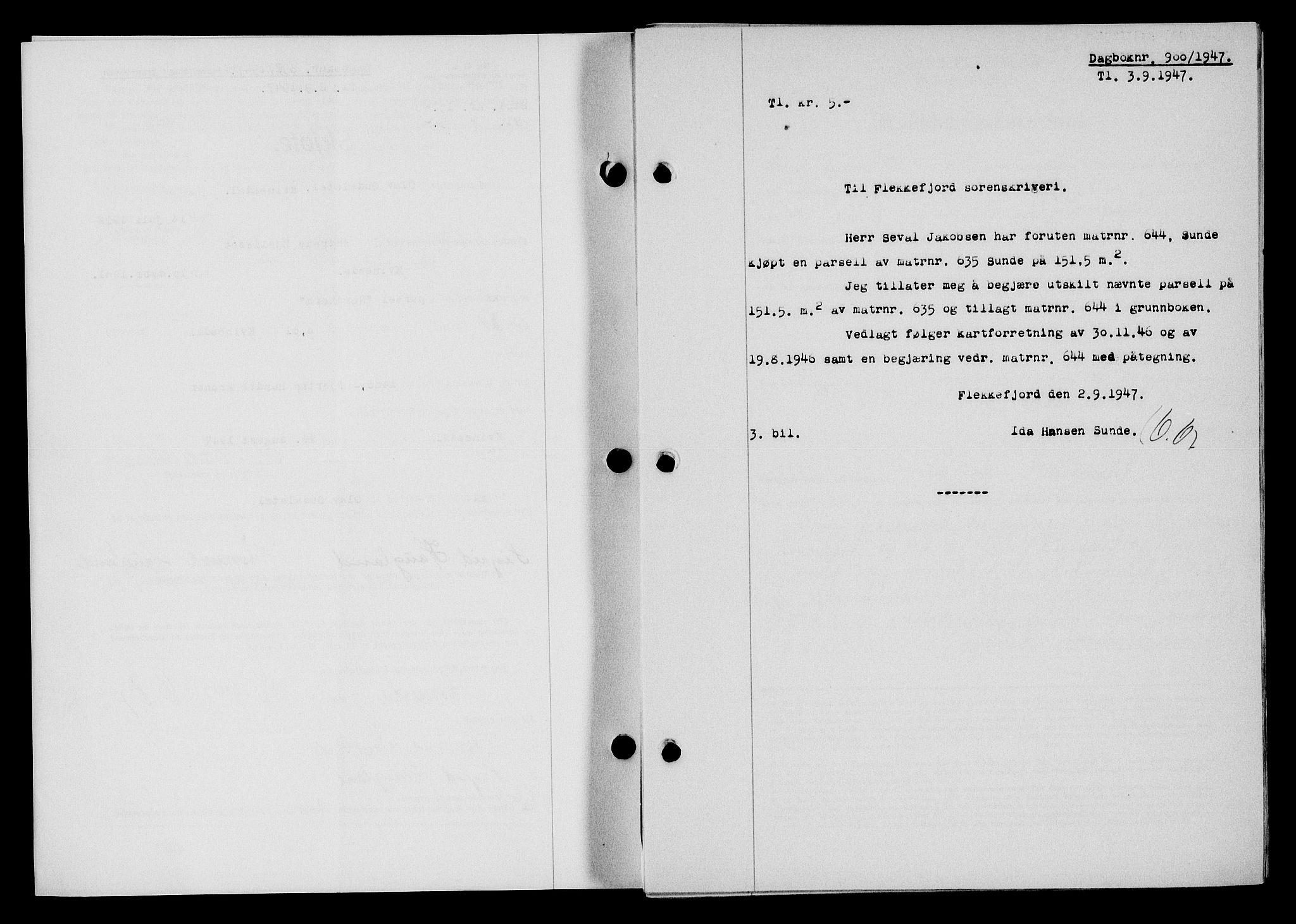 Flekkefjord sorenskriveri, SAK/1221-0001/G/Gb/Gba/L0062: Mortgage book no. A-10, 1947-1947, Diary no: : 900/1947