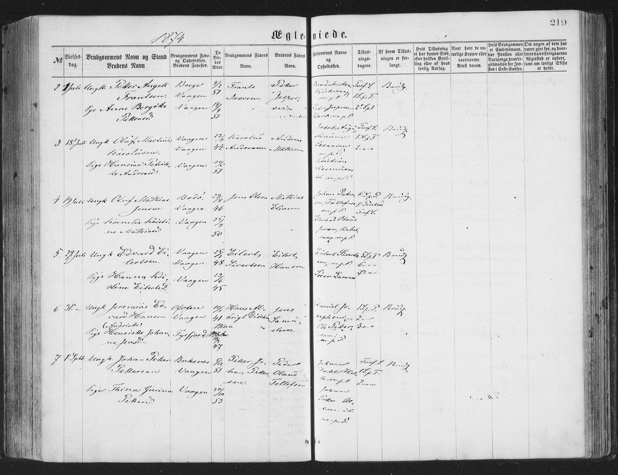 Ministerialprotokoller, klokkerbøker og fødselsregistre - Nordland, AV/SAT-A-1459/874/L1057: Parish register (official) no. 874A01, 1866-1877, p. 219