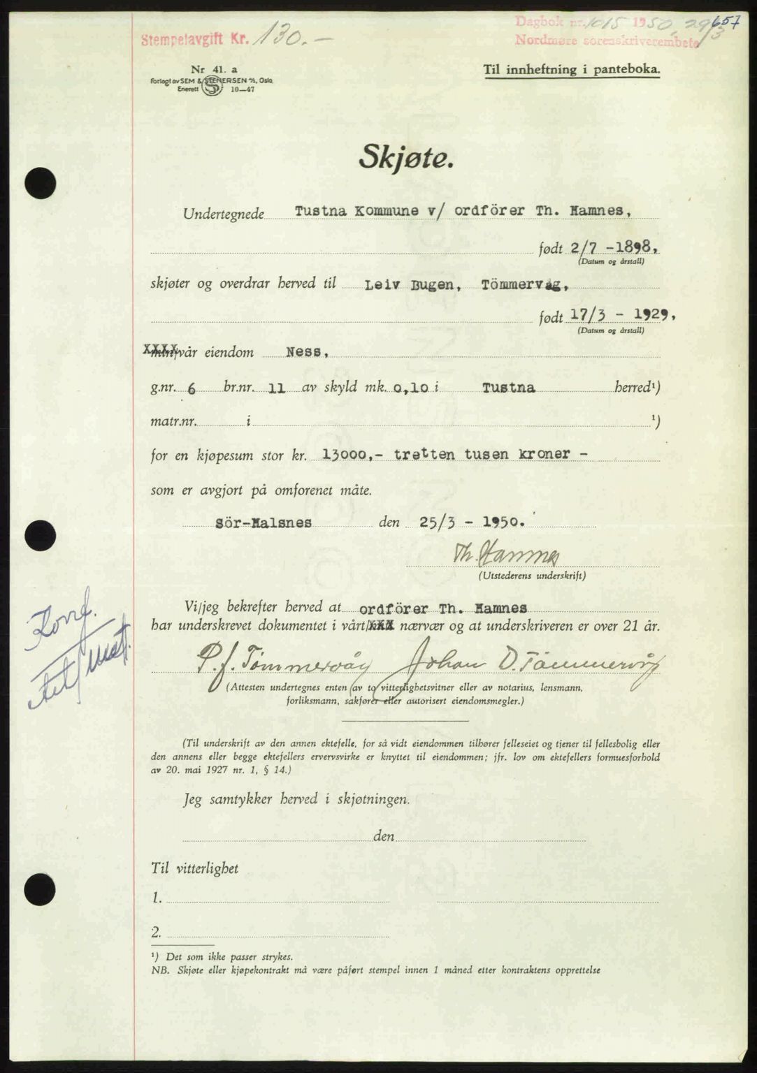 Nordmøre sorenskriveri, AV/SAT-A-4132/1/2/2Ca: Mortgage book no. A114, 1950-1950, Diary no: : 1015/1950