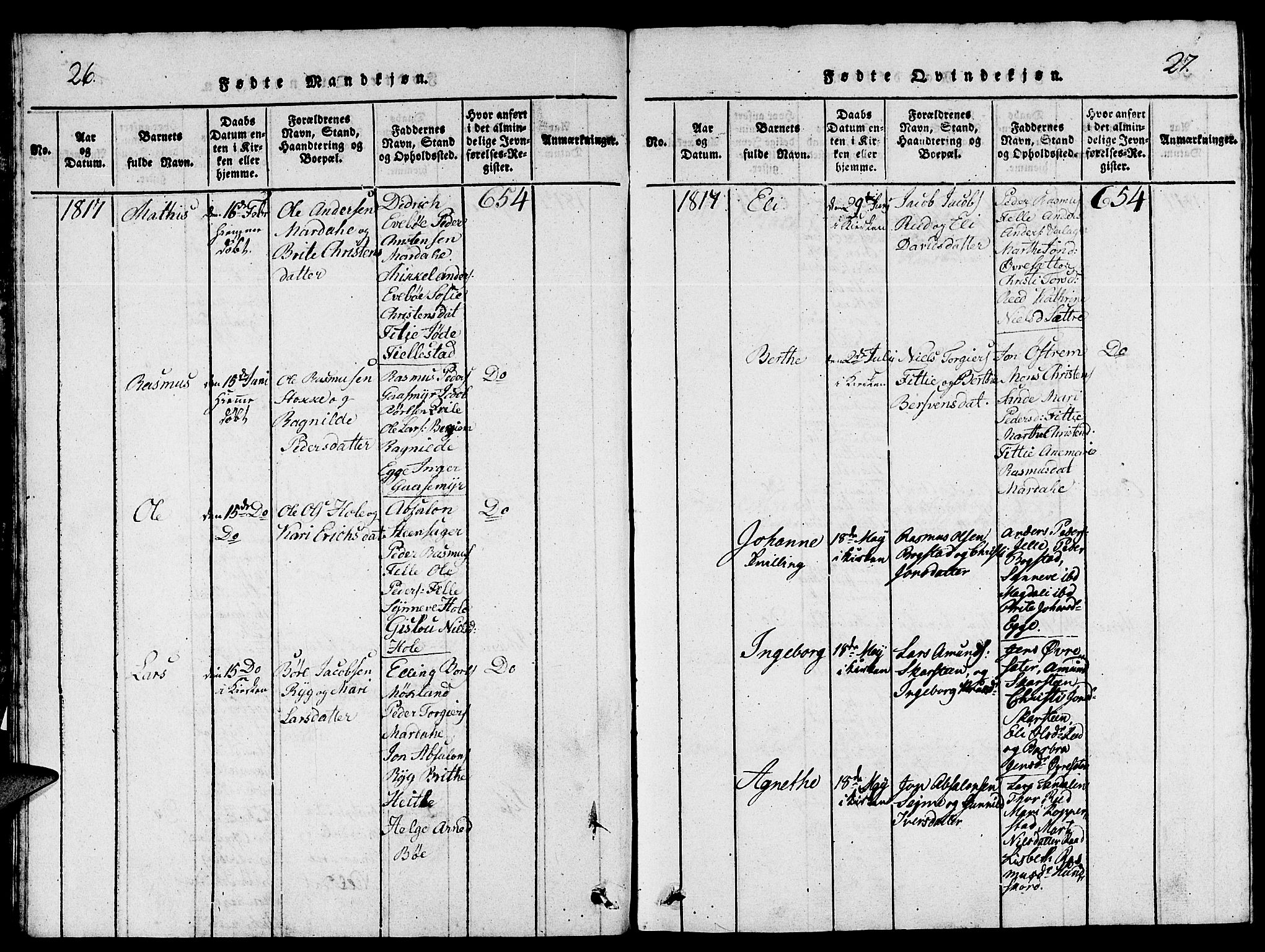 Gloppen sokneprestembete, SAB/A-80101/H/Hab/Haba/L0001: Parish register (copy) no. A 1, 1816-1827, p. 26-27