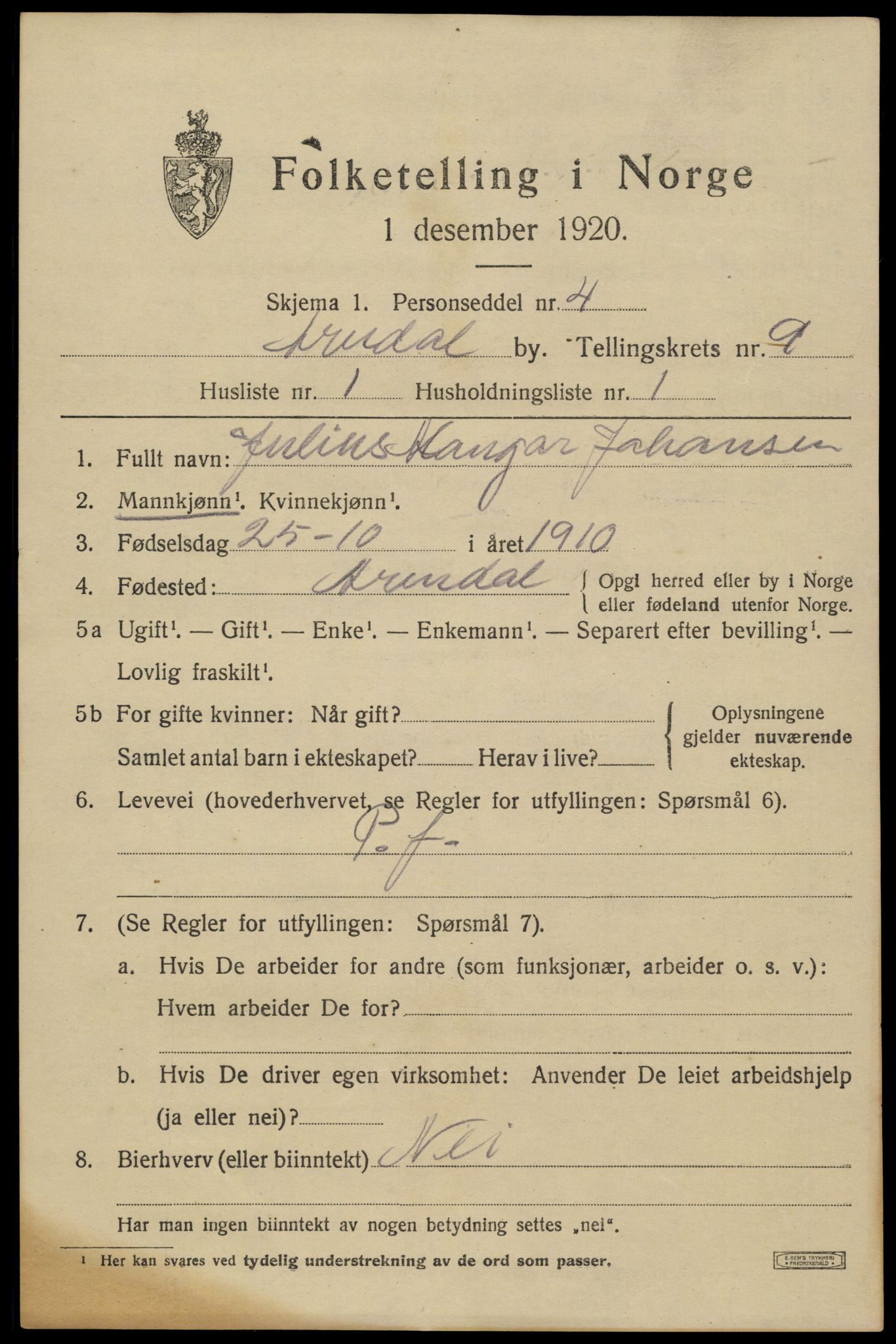 SAK, 1920 census for Arendal, 1920, p. 16104