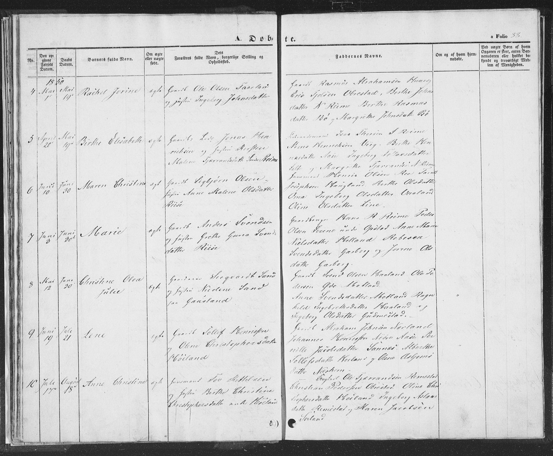 Hå sokneprestkontor, AV/SAST-A-101801/001/30BA/L0006: Parish register (official) no. A 5, 1842-1853, p. 38