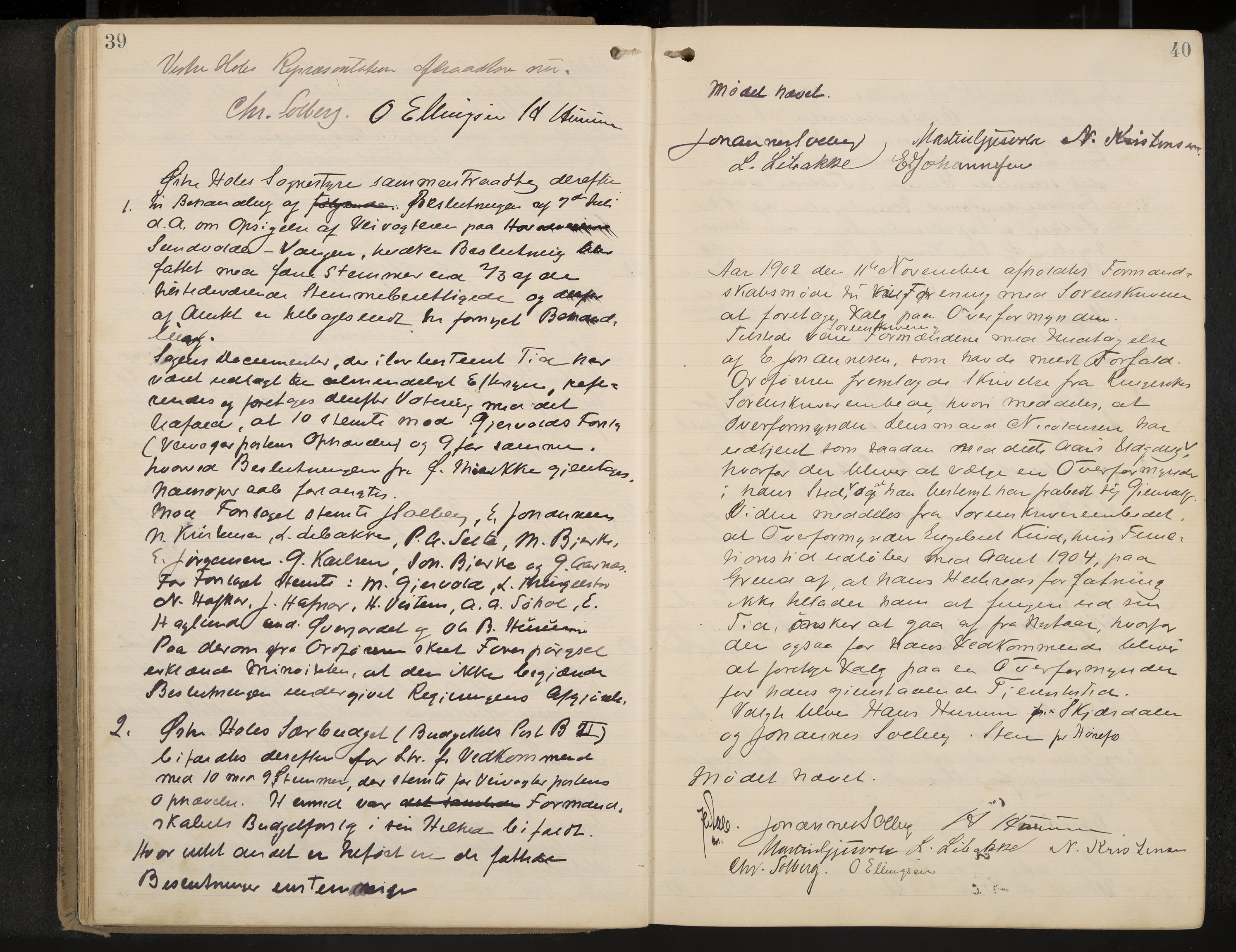 Hole formannskap og sentraladministrasjon, IKAK/0612021-1/A/Aa/L0004: Møtebok med register, 1902-1910, p. 39-40