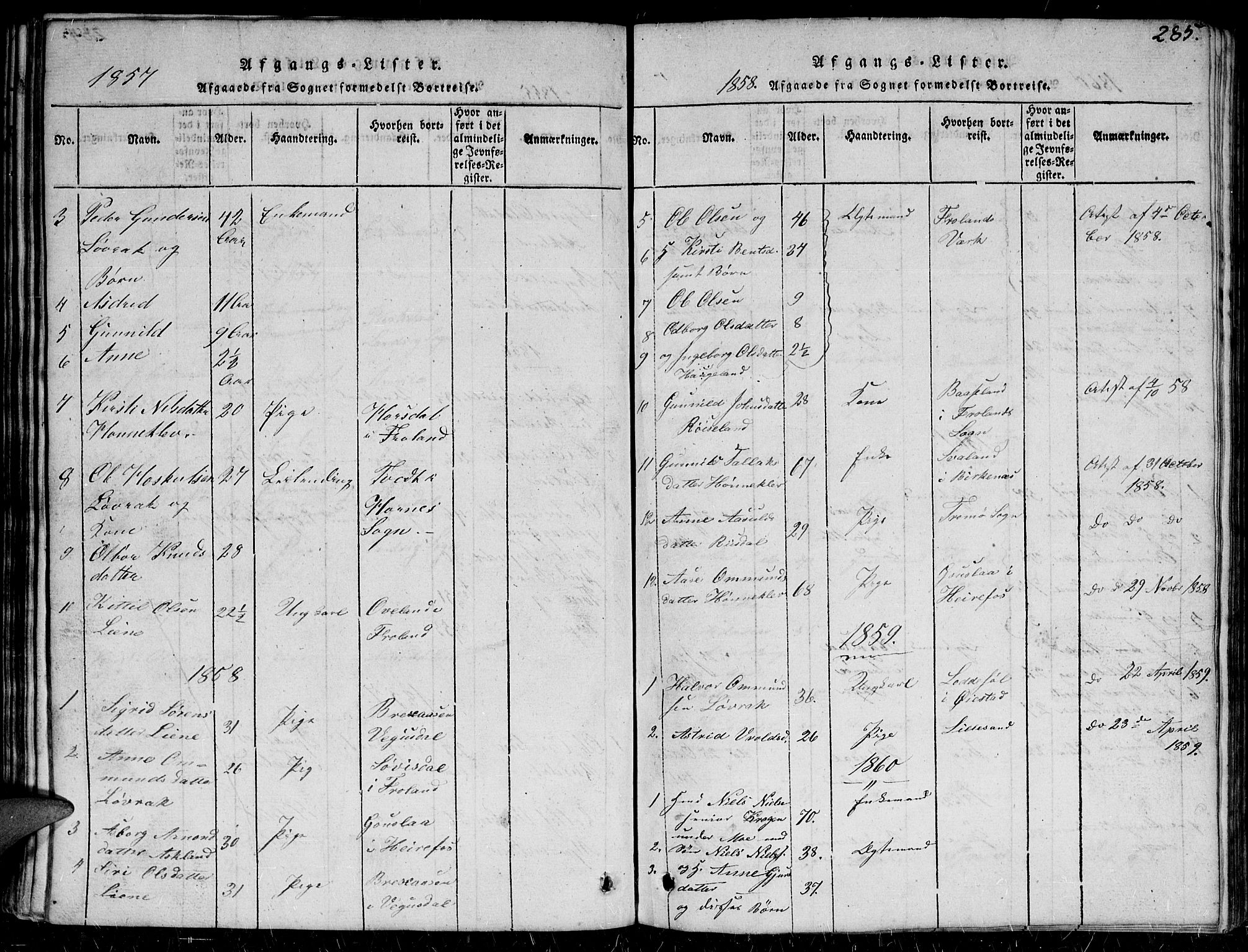 Herefoss sokneprestkontor, AV/SAK-1111-0019/F/Fb/Fbc/L0001: Parish register (copy) no. B 1, 1816-1866, p. 285